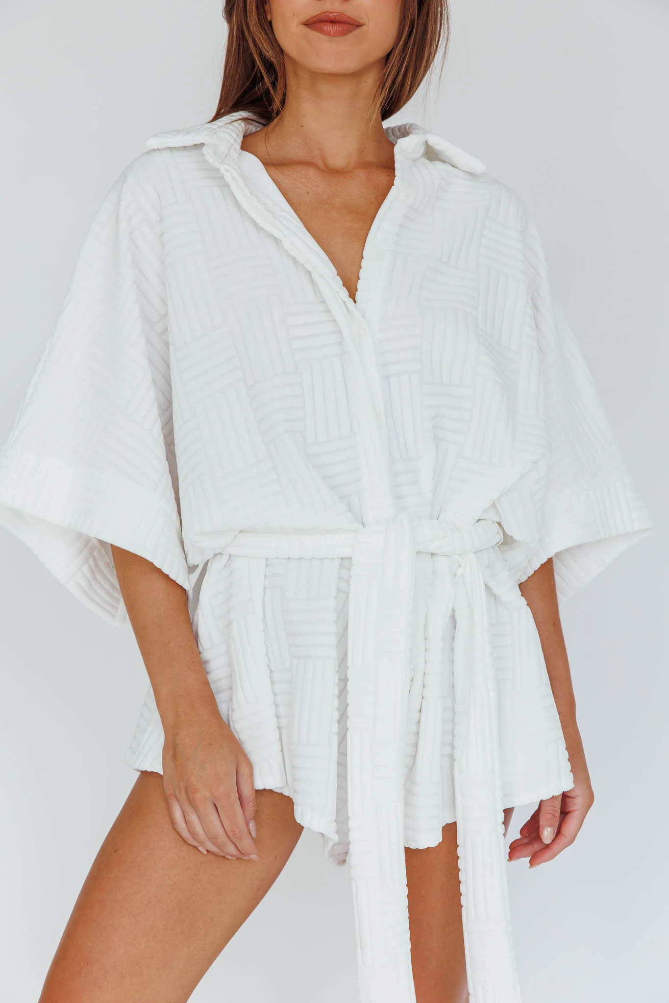 Daytona Beach Button-Up Romper Textured White - Image 4