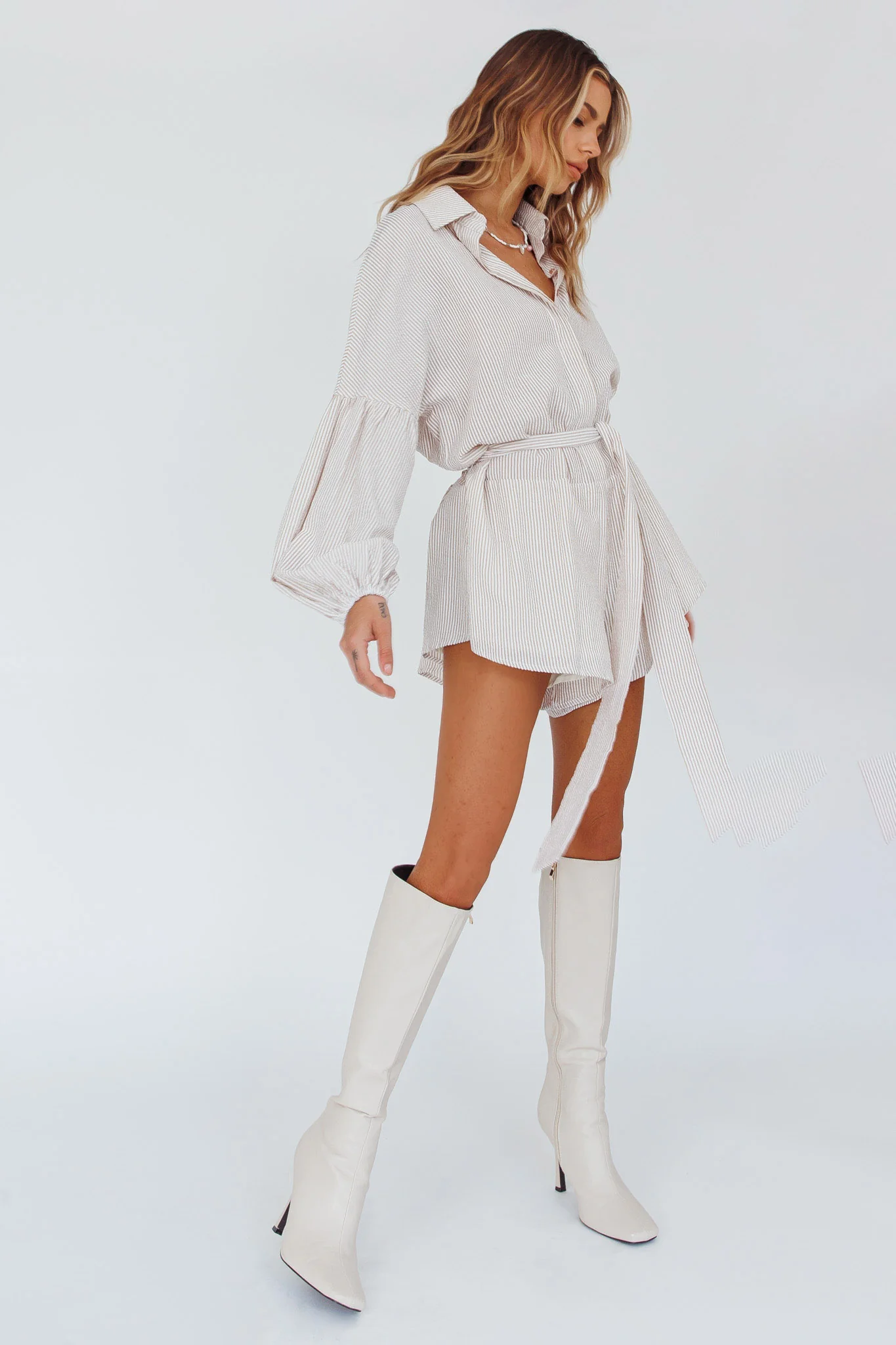 Daytona Beach Long Sleeve Shirt Romper Beige Stripe - Image 3