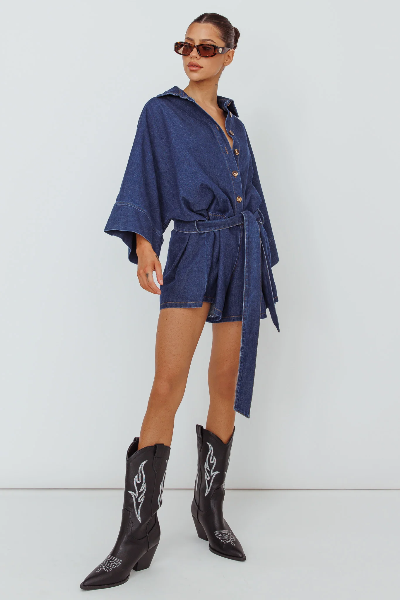 Daytona Beach Long Sleeve Shirt Romper Indigo - Image 3