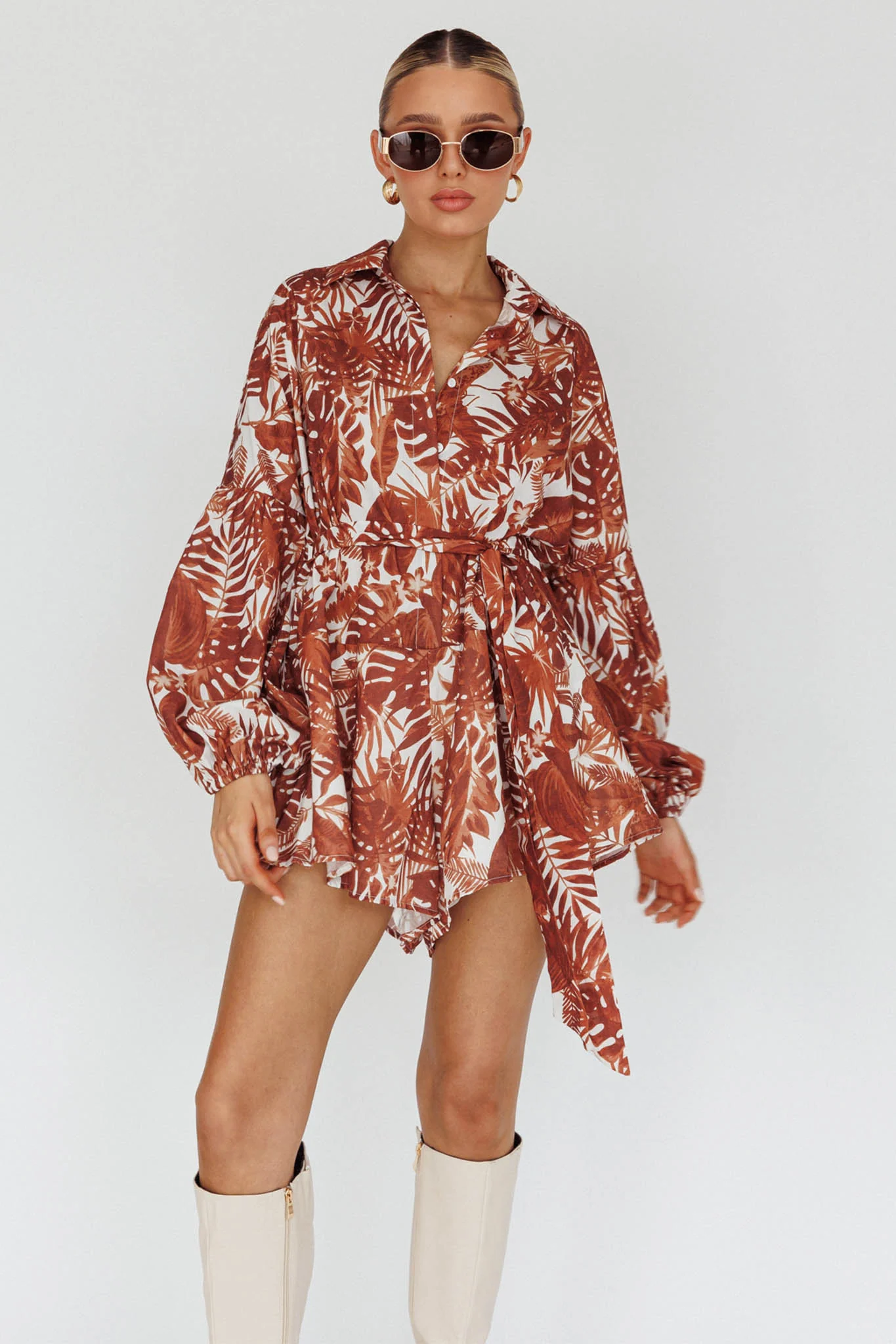 Daytona Beach Long Sleeve Shirt Romper Leaves Brown - Image 9