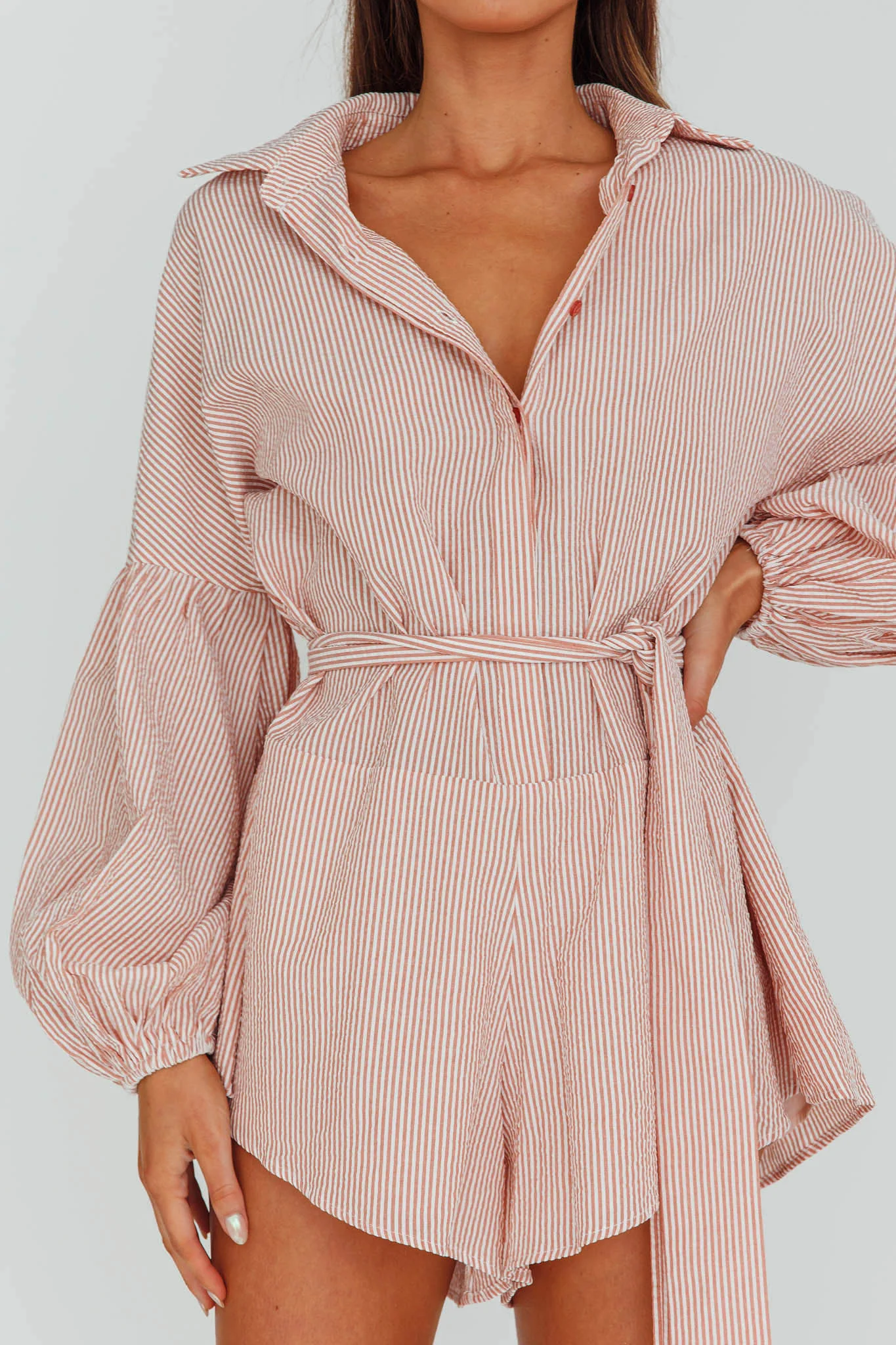 Daytona Beach Long Sleeve Shirt Romper Terracotta Stripe - Image 4