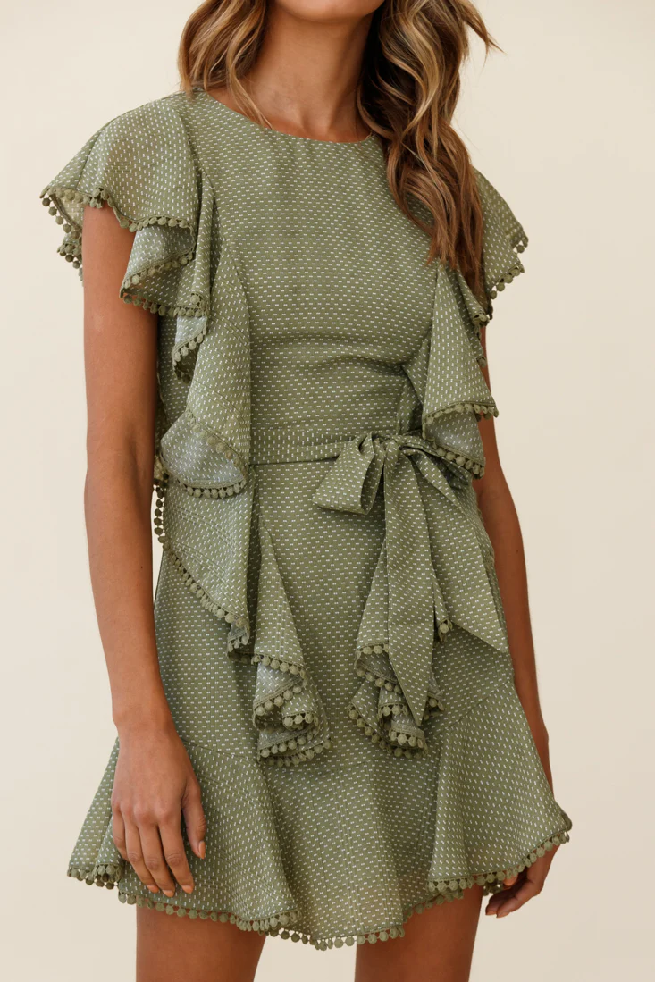 Deandra Ruffle Insert Waist Tie Dress Dash Pattern Olive - Image 7