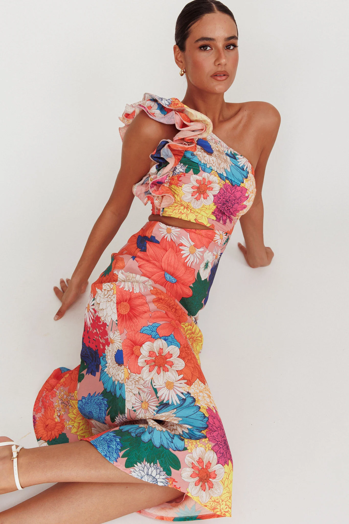Deanna One-Shoulder Ruffle Floral Maxi Dress Orange - Image 2