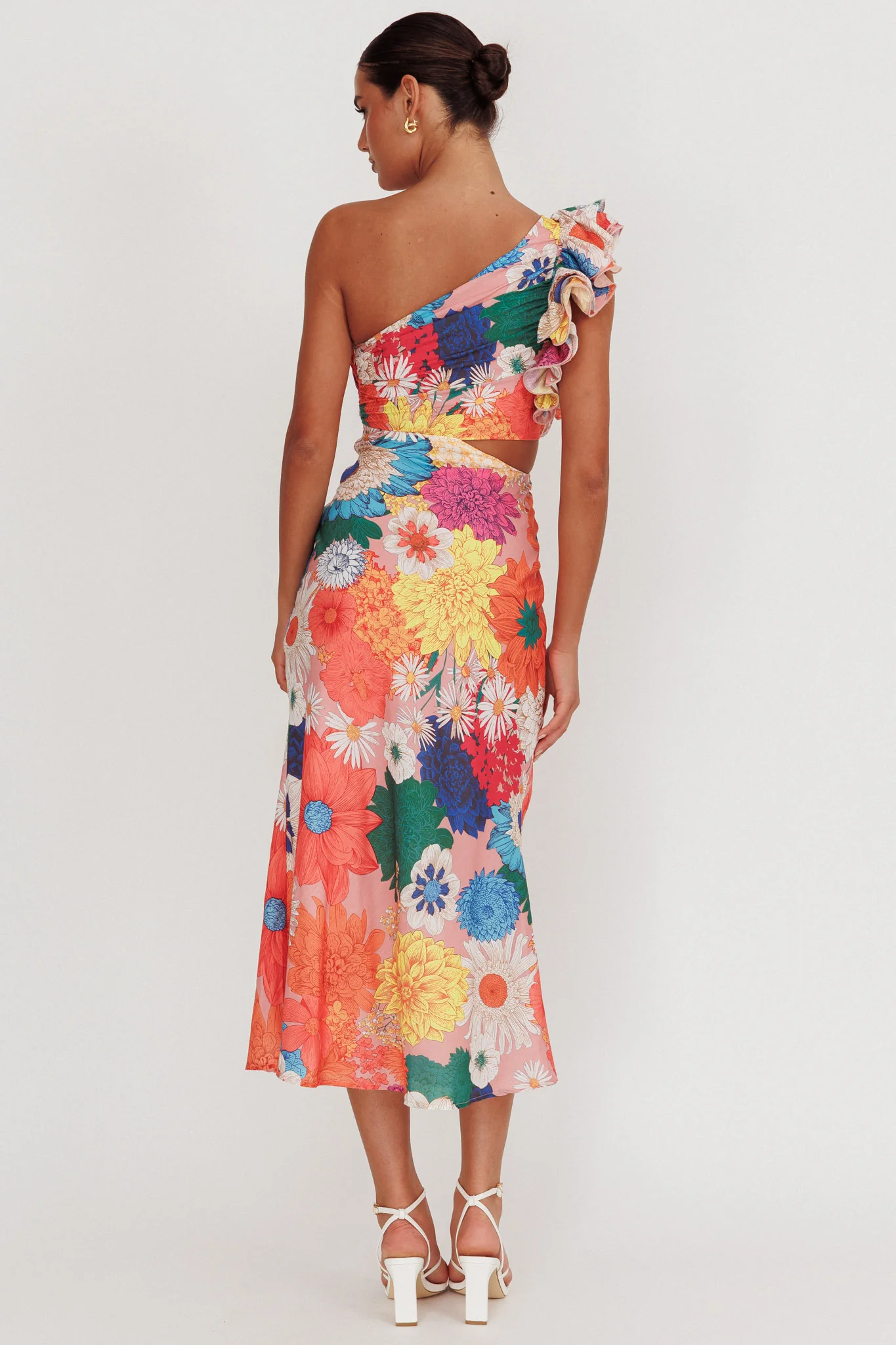 Deanna One-Shoulder Ruffle Floral Maxi Dress Orange - Image 3