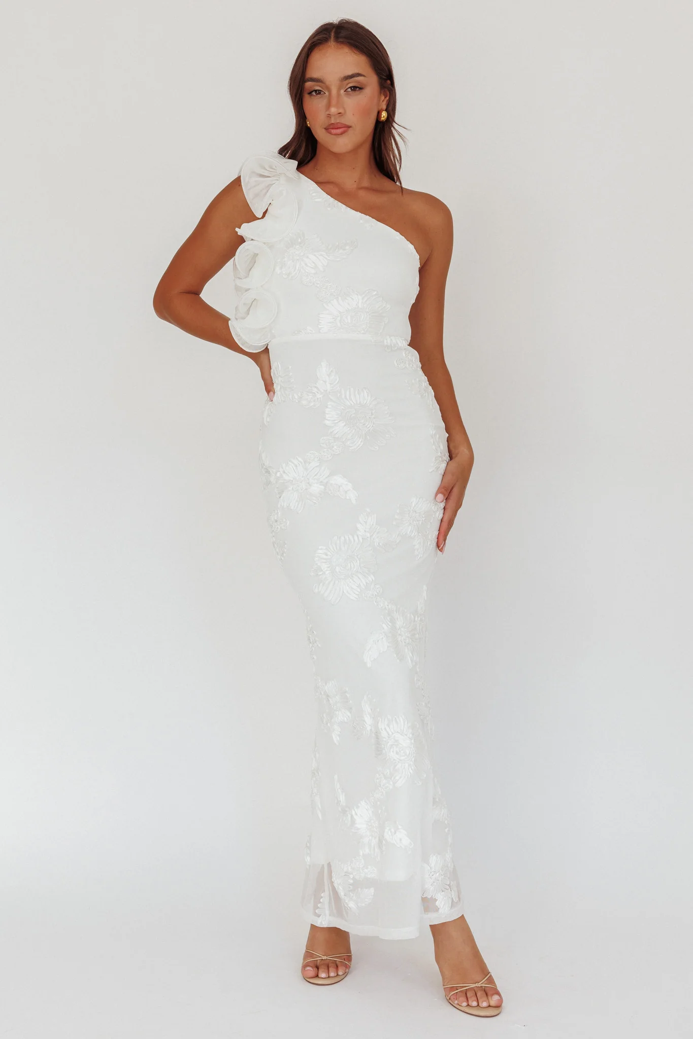 Deanna One-Shoulder Ruffle Maxi Dress Floral Texture White - Image 6