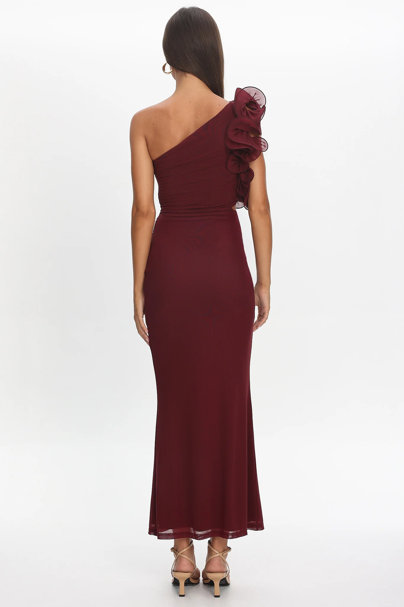 Deanna One-Shoulder Ruffle Maxi Dress Wine - Image 5