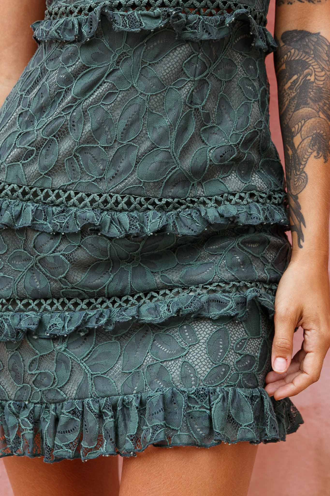 Dear Lover Cami Strap Frill Detail Lace Dress Green - Image 7