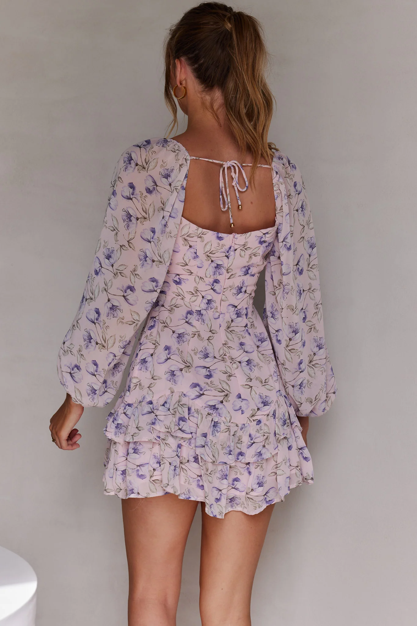 Dearly Beloved Balloon Sleeve Layered Frill Hem Dress Flower Print Blush - Image 2