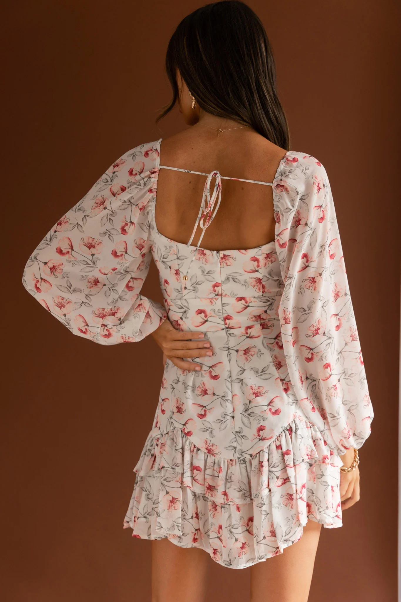Dearly Beloved Balloon Sleeve Layered Frill Hem Dress Flower Print White - Image 5