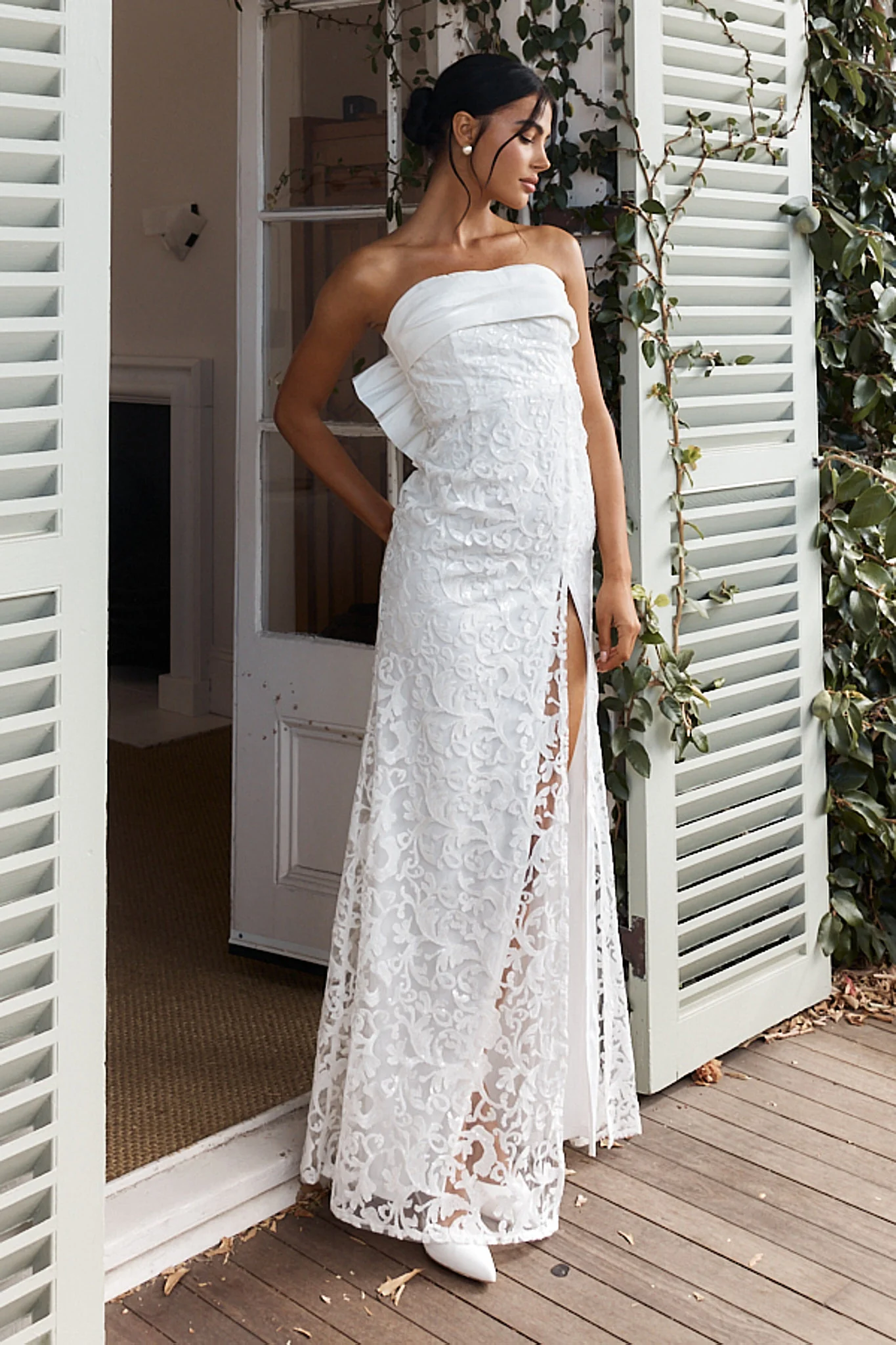 Delphina Strapless Bow Back Lace Dress Ivory - Image 2