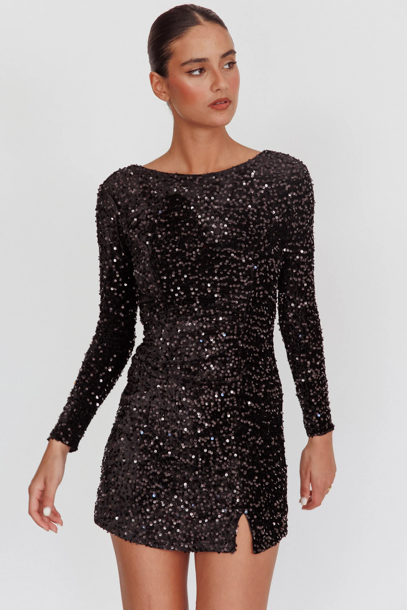 Demure Long Sleeve Open Back Dress Sequin Black - Image 6