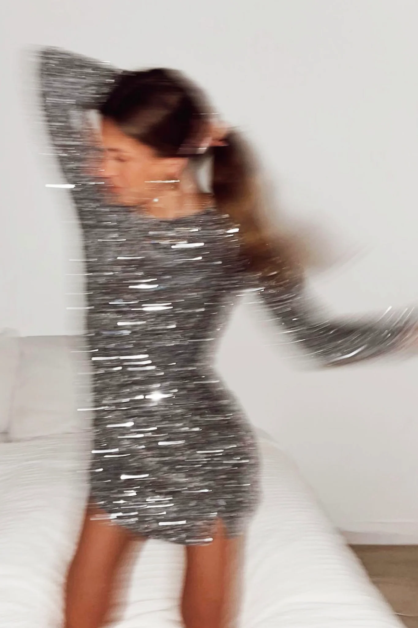 Demure Long Sleeve Open Back Dress Sequin Grey/Silver - Image 6