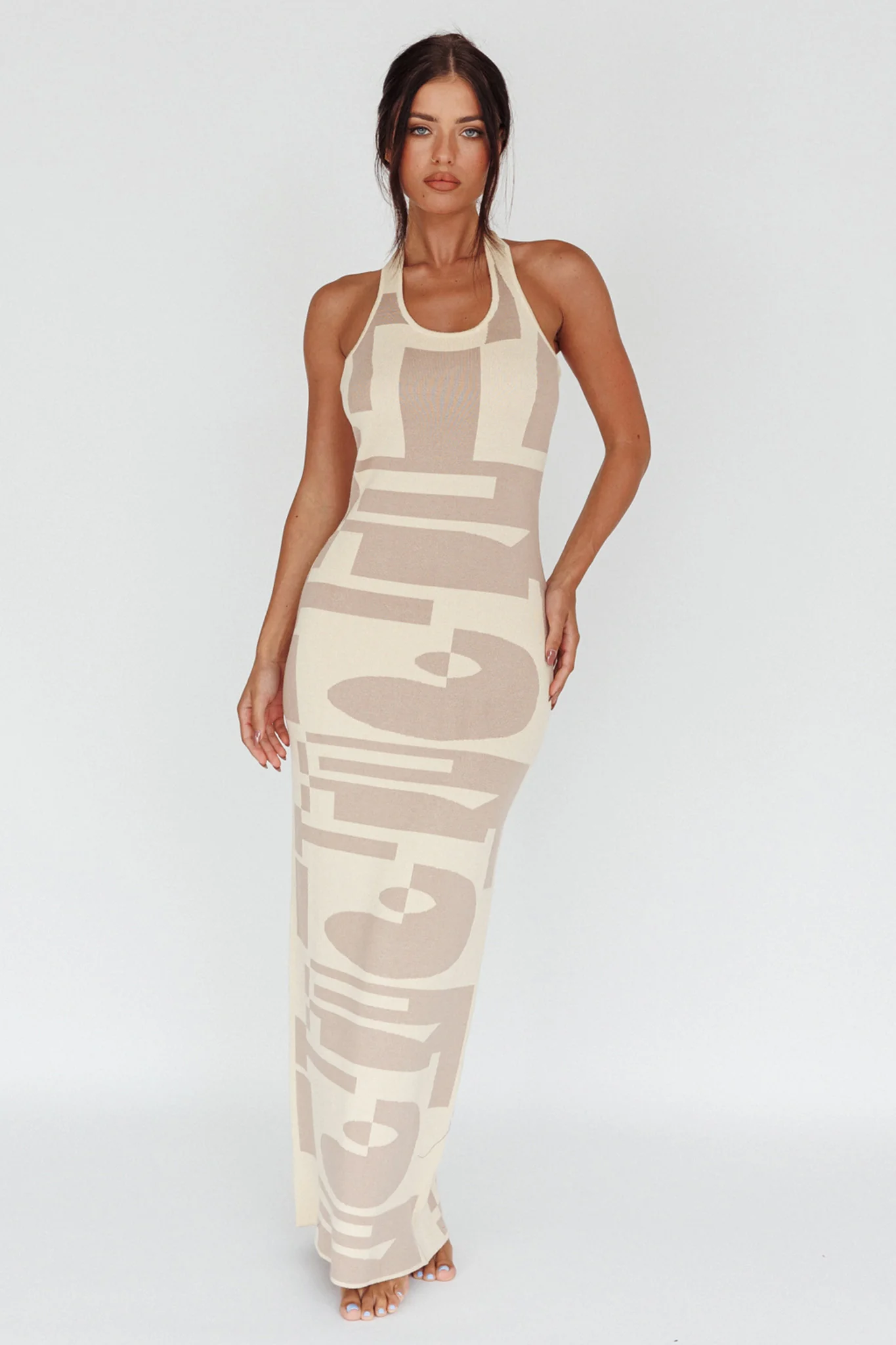 Desert Daze Halterneck Knit Dress Beige - Image 3