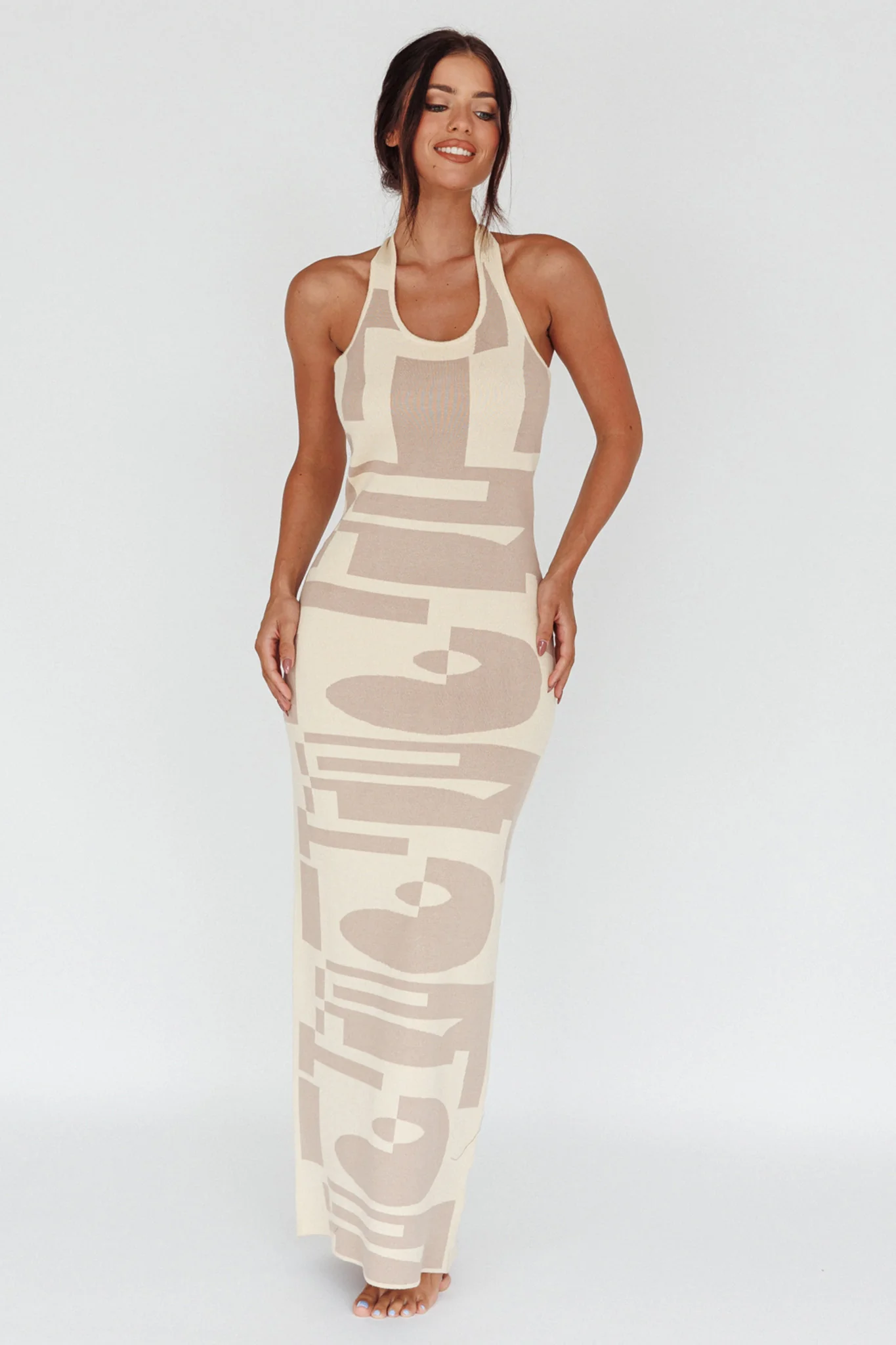 Desert Daze Halterneck Knit Dress Beige - Image 5