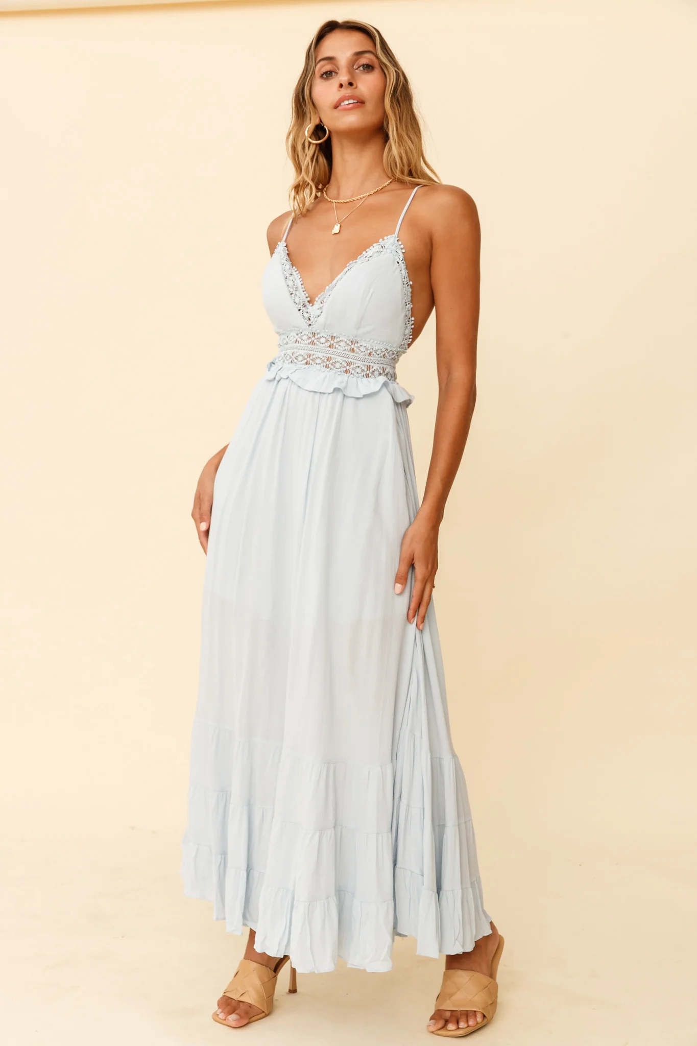 Desert Rose Crochet Tie-Up Back Maxi Dress Ice Blue - Image 5