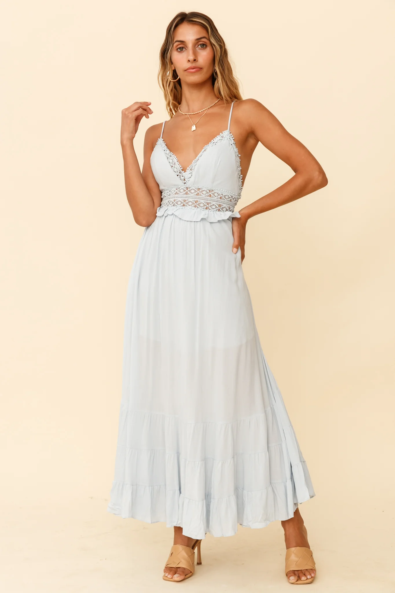 Desert Rose Crochet Tie-Up Back Maxi Dress Ice Blue - Image 6