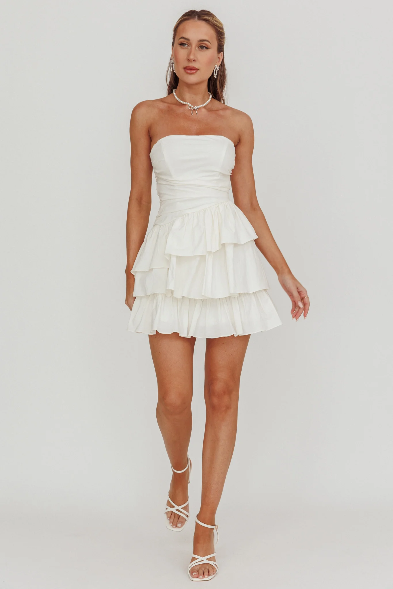 Destini Strapless Layered Frill Mini Dress Off White - Image 4