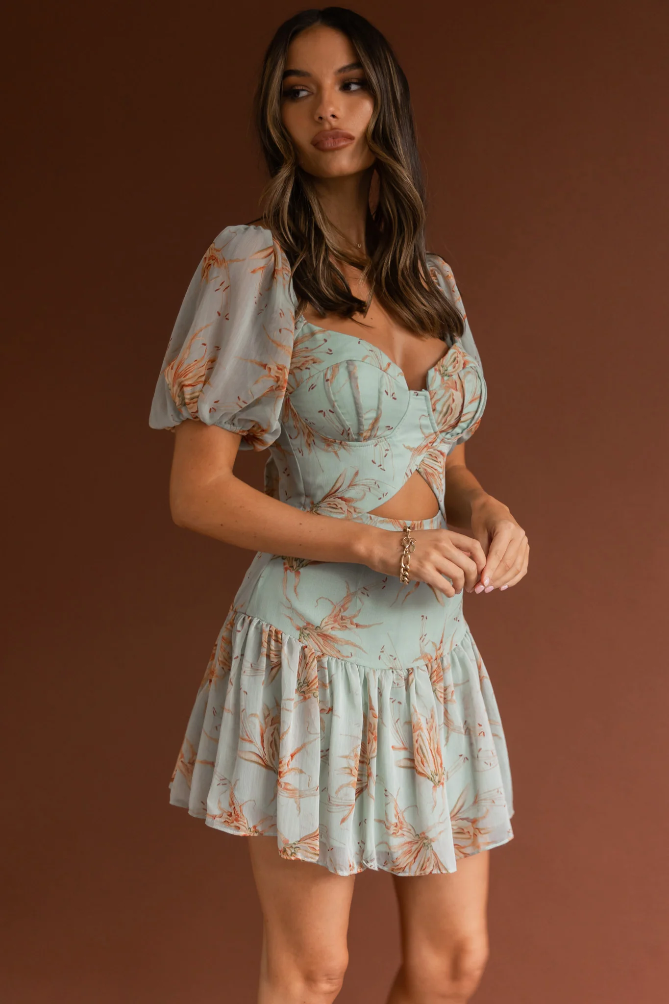 Devoted Structured Bust Puff Sleeve Dress Lily Print Pistachio - Image 7