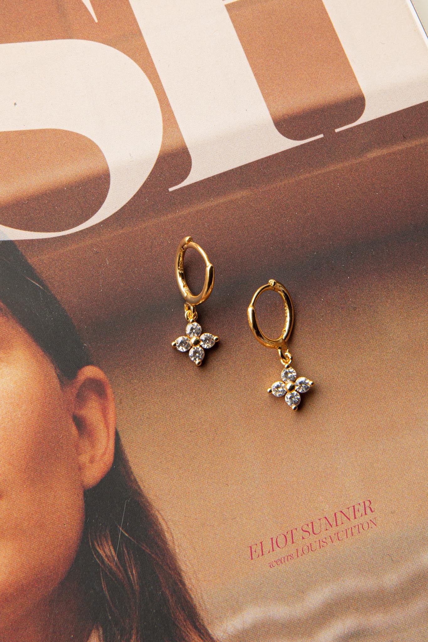 Dexter Clover Diamante Drop Hoop Earrings Gold - Image 2
