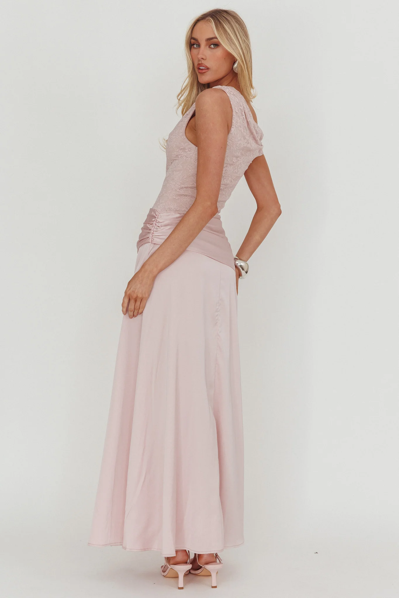 Diana Asymmetric Shoulder Pleat Waist Maxi Dress Blush - Image 2