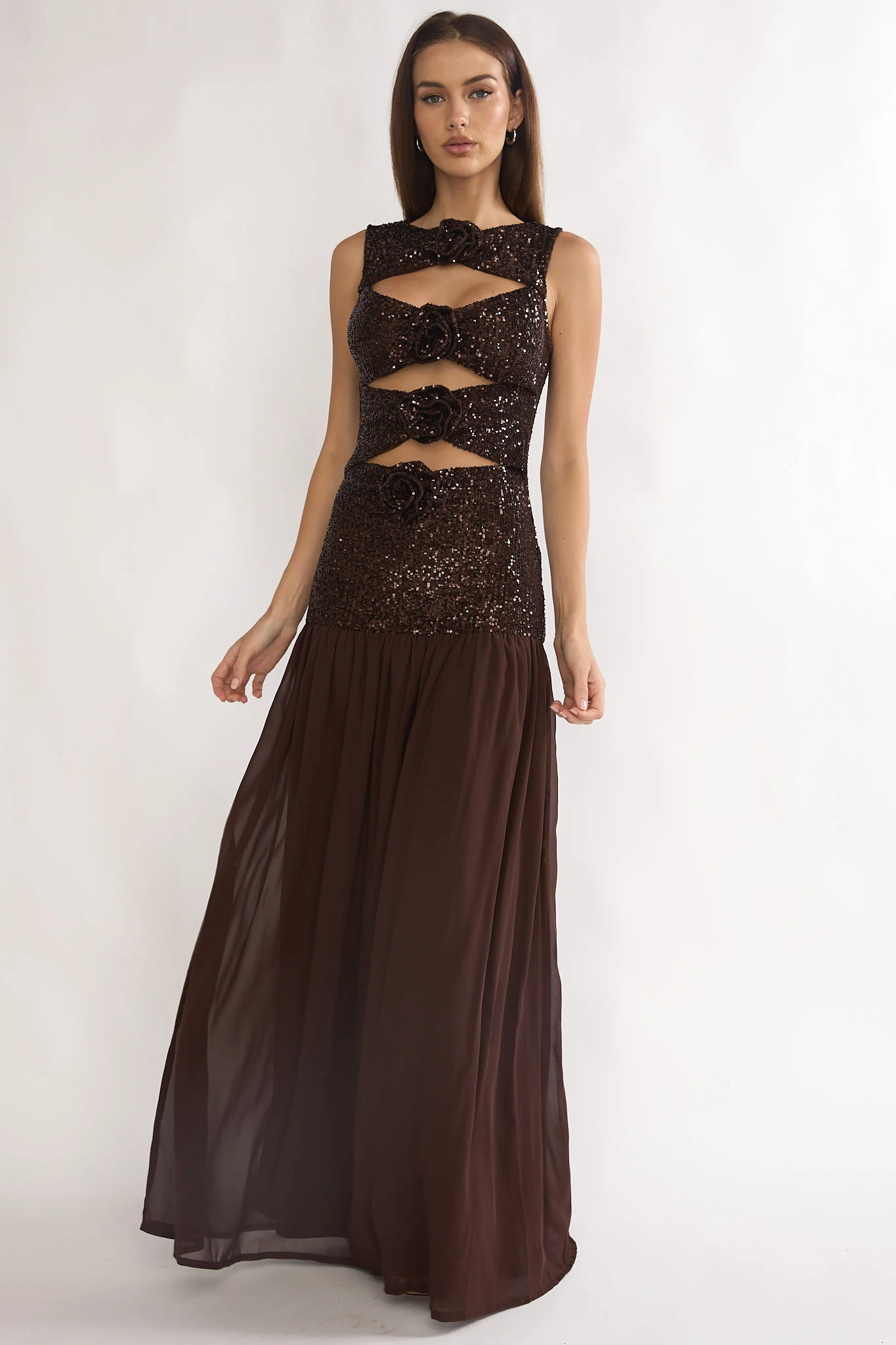 Dioris Rosette Cut-Out Sequin Maxi Dress Sequin Choco - Image 4