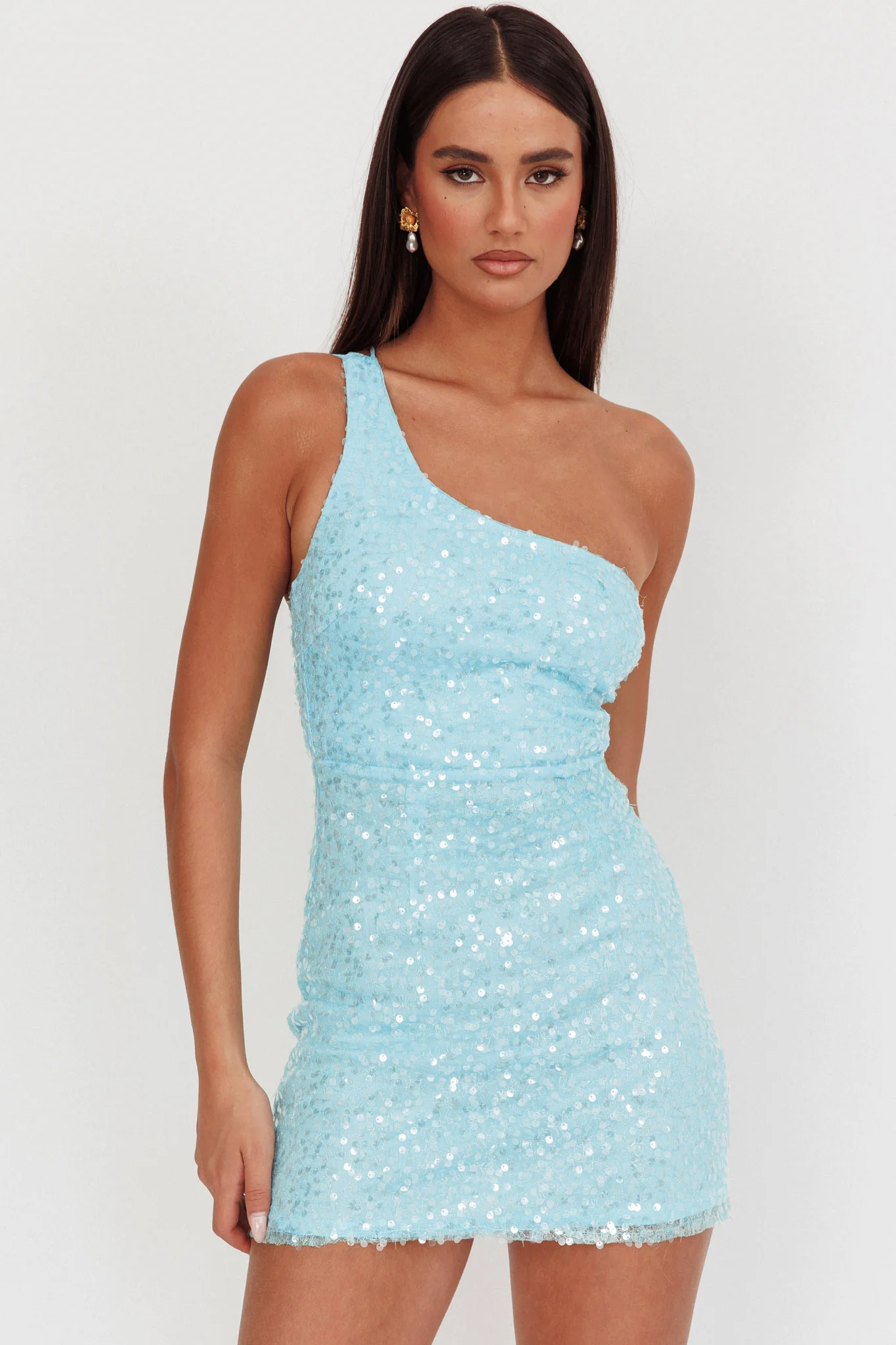 Disco Baby One-Shoulder Sequin Mini Dress Light Blue - Image 6