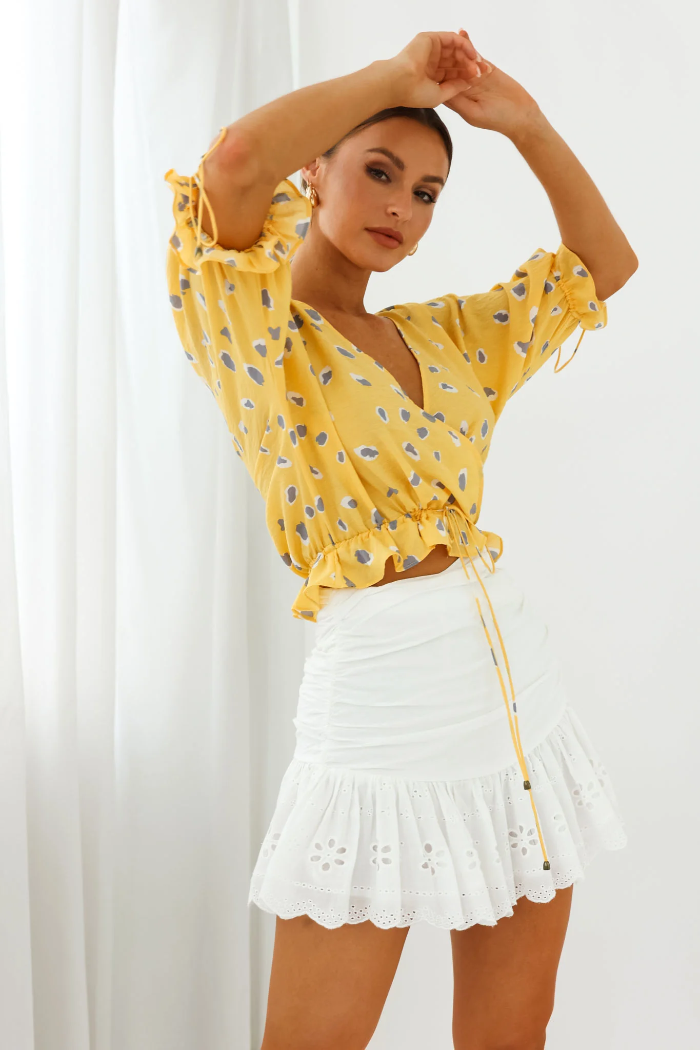 Distant Sun Drawstring Waist Crop Top Animal Print Yellow - Image 7