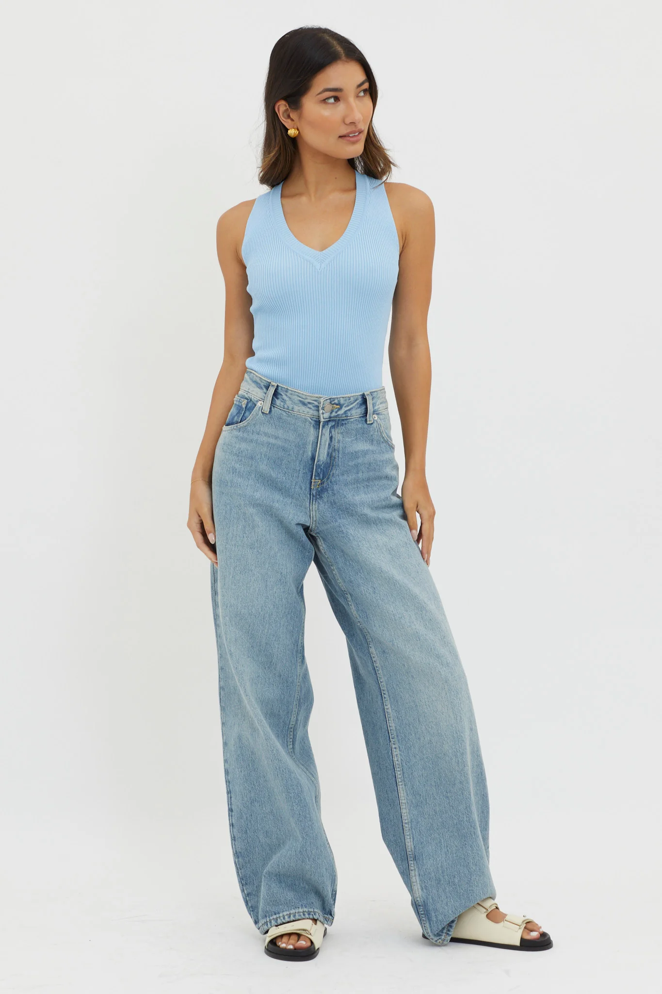 D'Lila V-Neck Ribbed Knit Top Baby Blue - Image 3