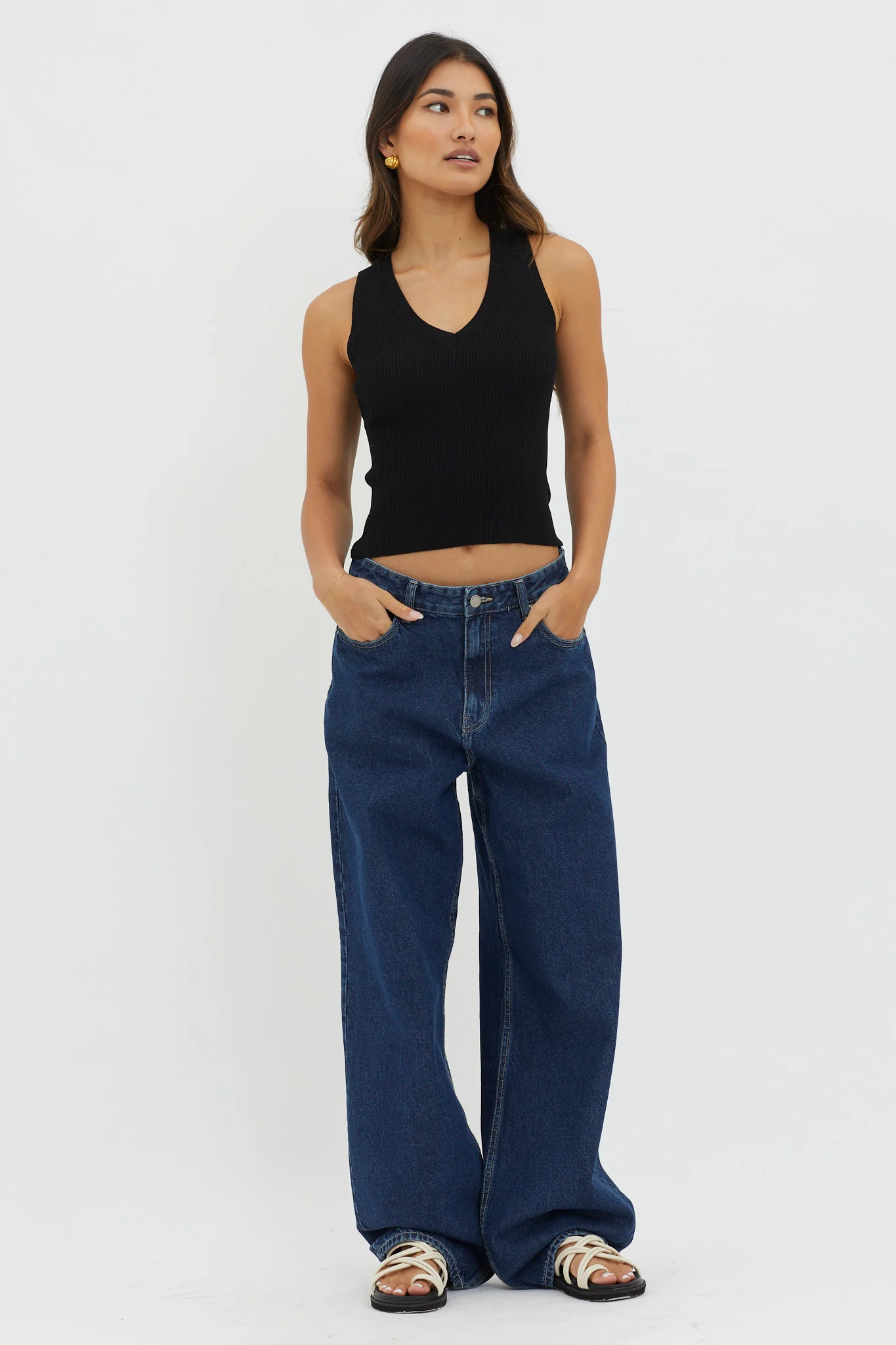 D'Lila V-Neck Ribbed Knit Top Black - Image 3