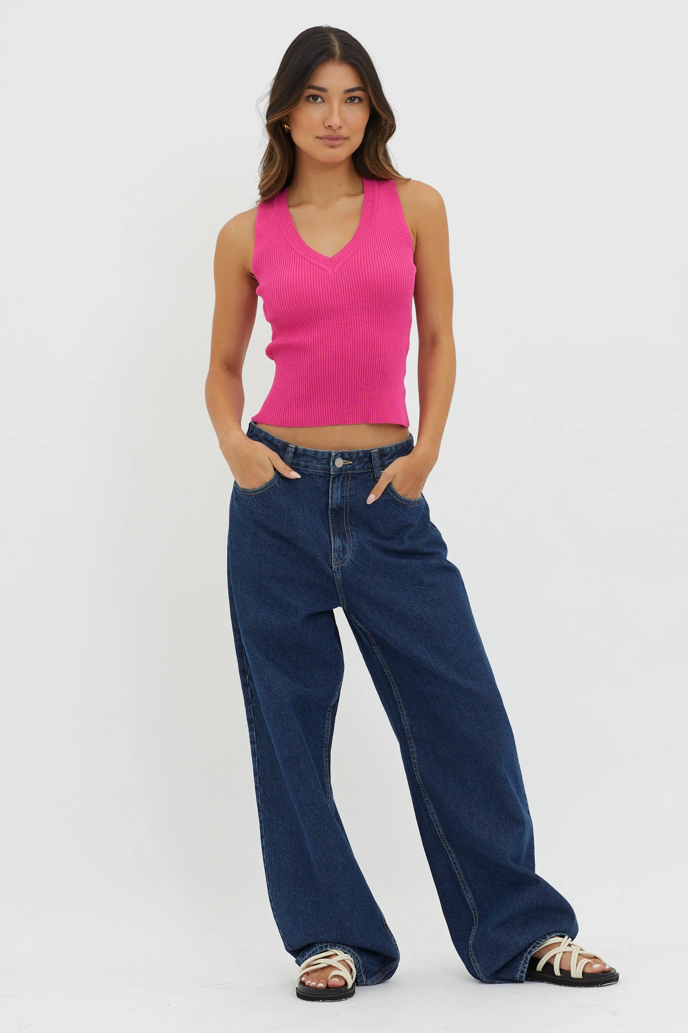 D'Lila V-Neck Ribbed Knit Top Hot Pink - Image 3
