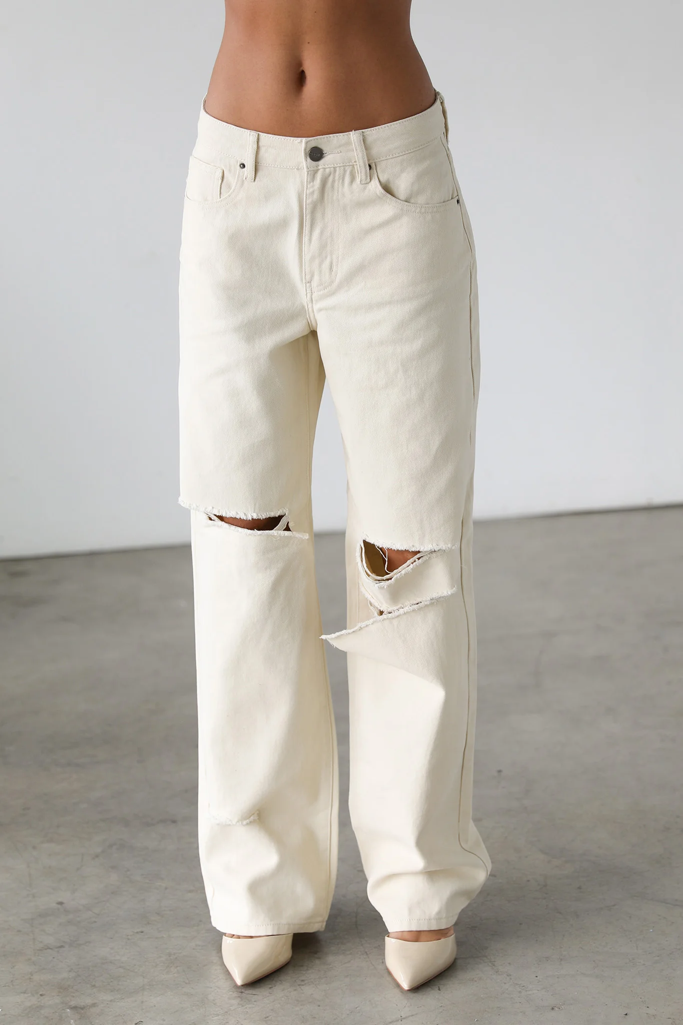 DOGMA Straight Wide Leg Skater Denim Jeans Cream - Image 3