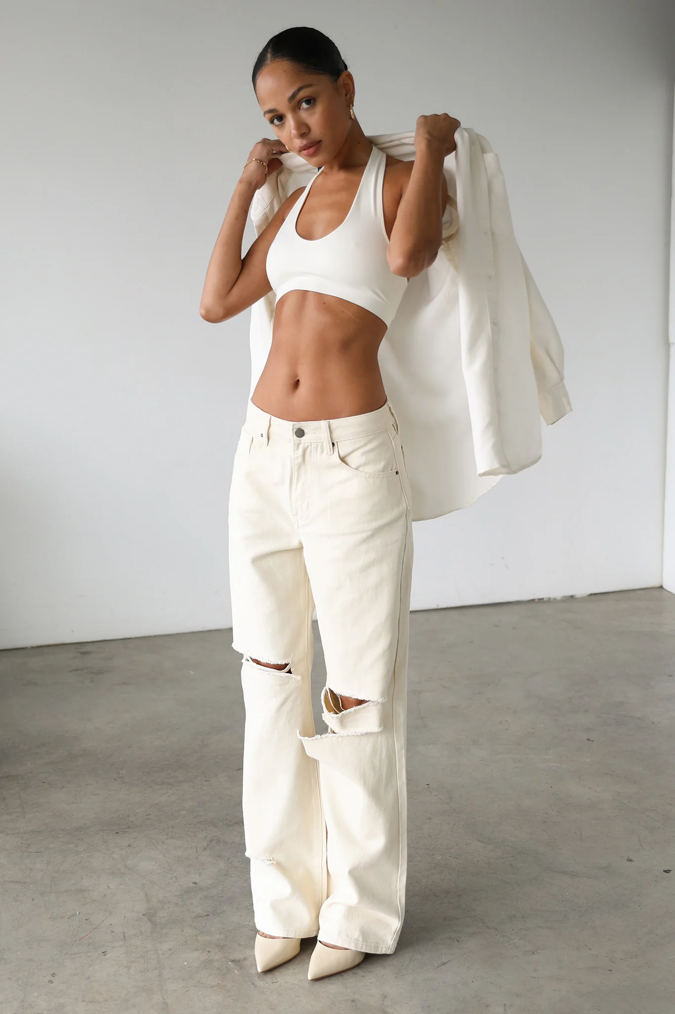 DOGMA Straight Wide Leg Skater Denim Jeans Cream - Image 8