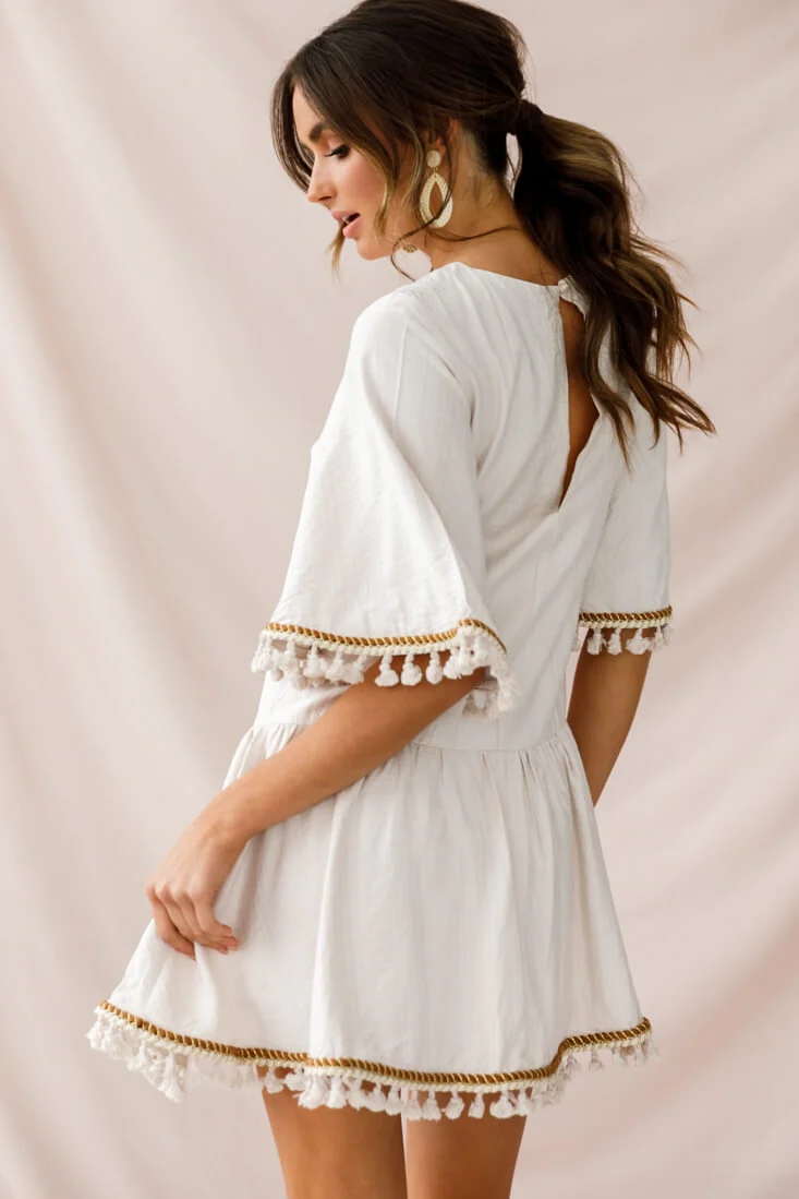 Donna Dropped Waist Tassel Dress Beige - Image 3
