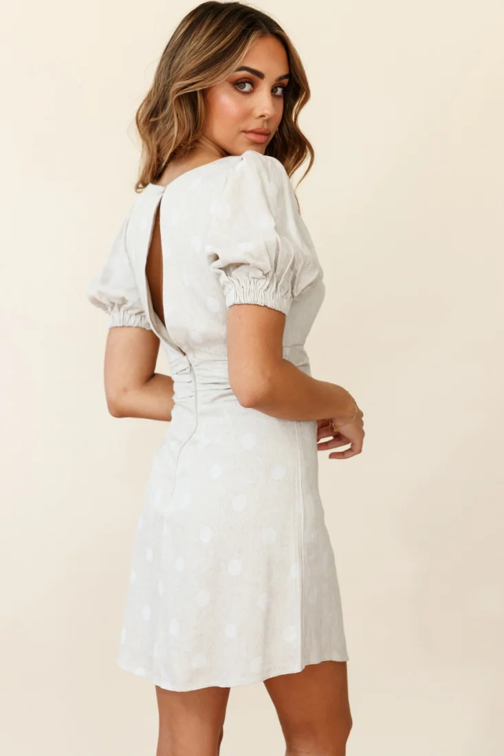 Dora Puff Sleeve Corset Waist Dress Polka Dot Natural - Image 3