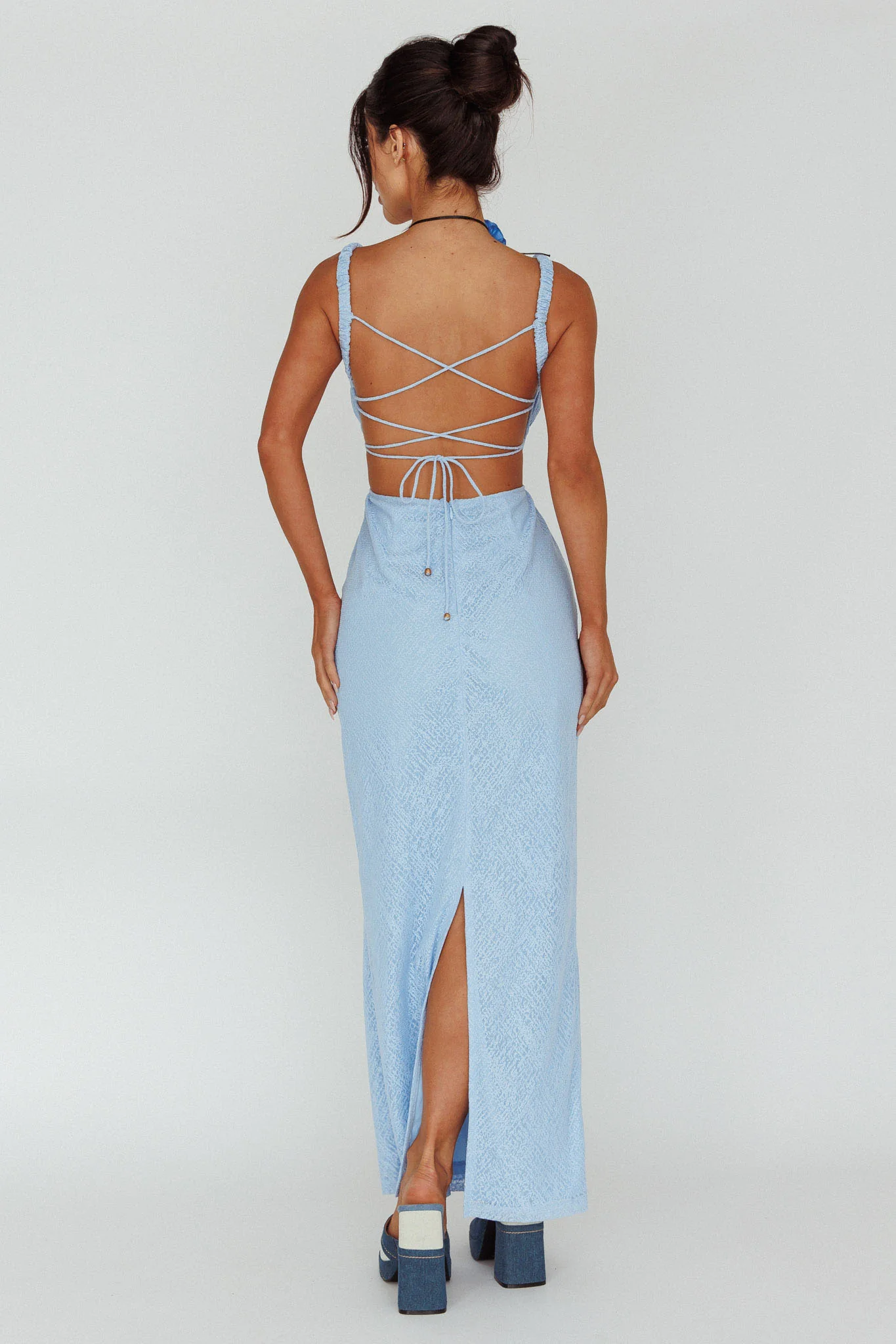 Dream Crush Lace-Up Back Mesh Overlay Midi Dress Blue - Image 2