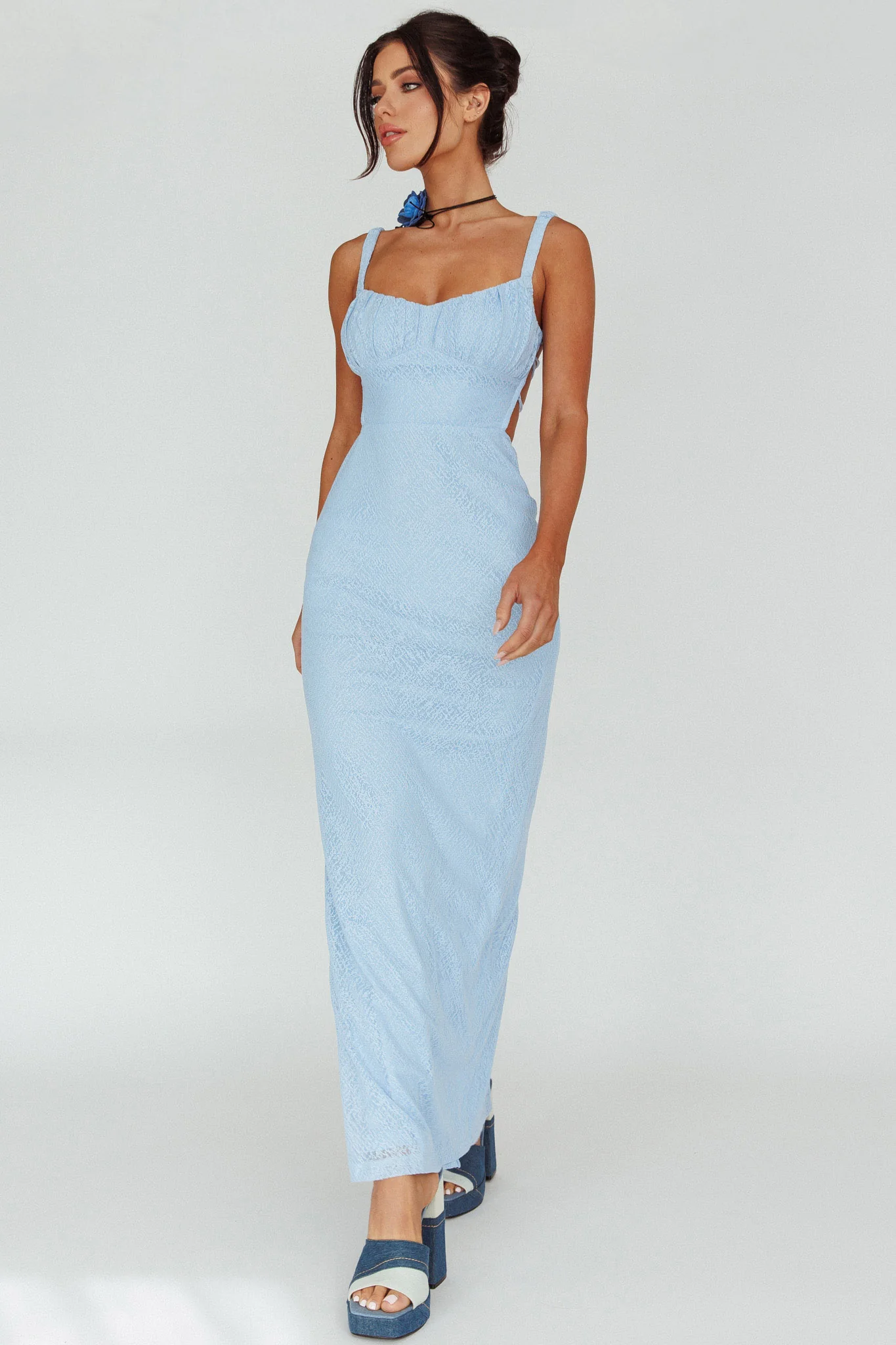Dream Crush Lace-Up Back Mesh Overlay Midi Dress Blue - Image 5