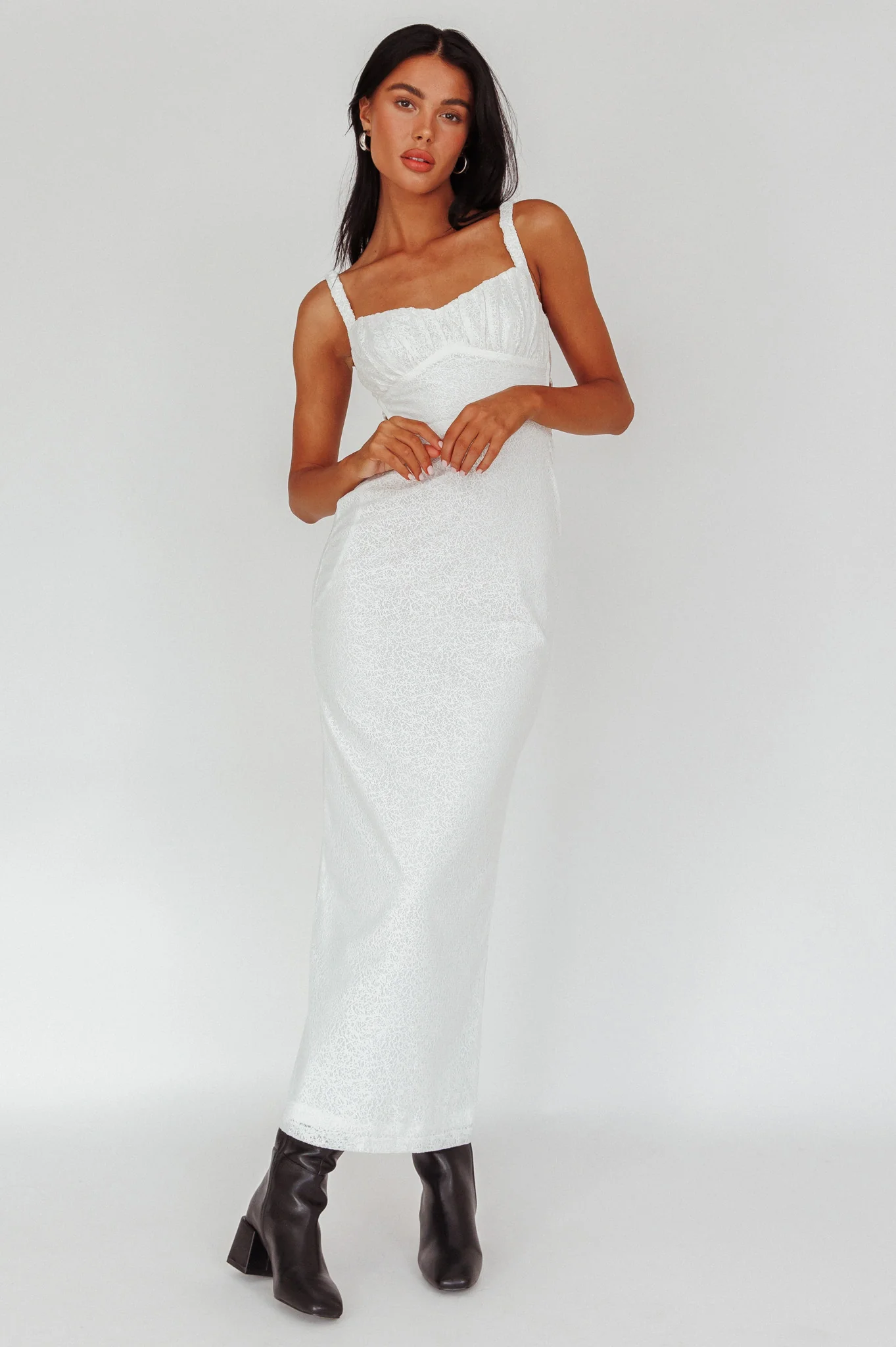 Dream Crush Lace-Up Back Mesh Overlay Midi Dress White - Image 5