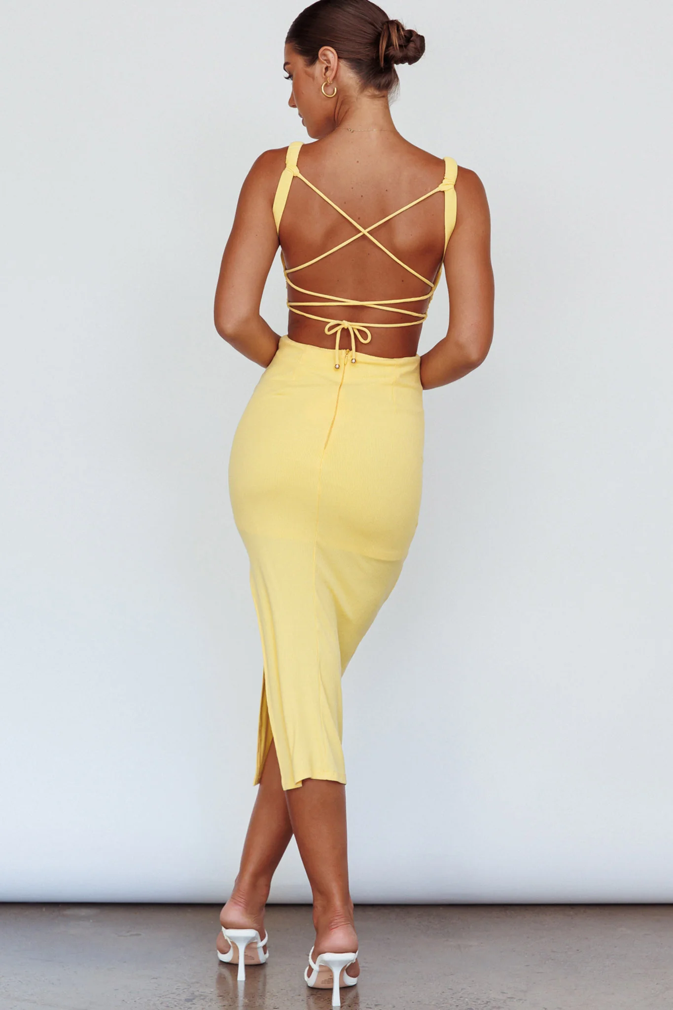 Dream Crush Lace-Up Back Side Split Midi Dress Lemon - Image 3