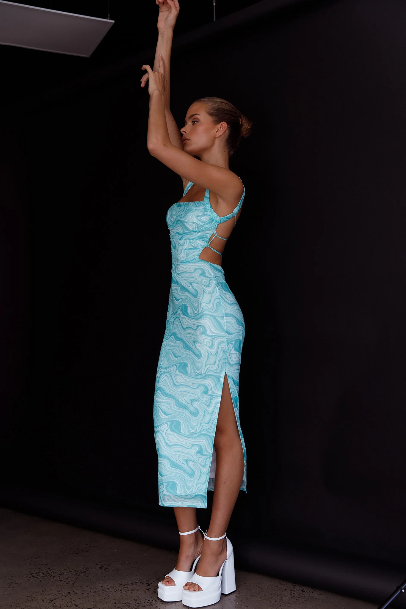 Dream Crush Lace-Up Back Side Split Midi Dress Marbled Green - Image 5