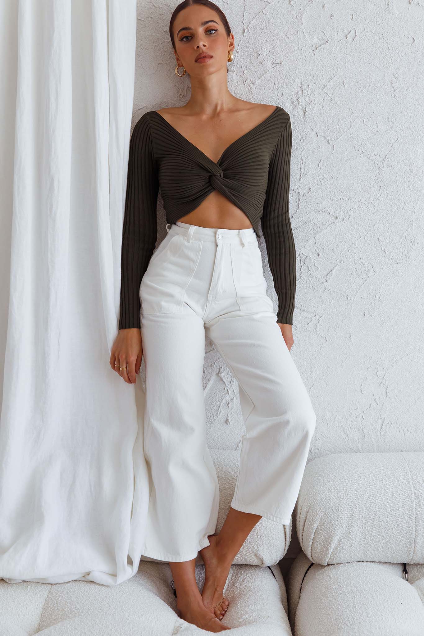 Dream Weaver Long Sleeve Twist Bust Crop Top Forest Green - Image 6