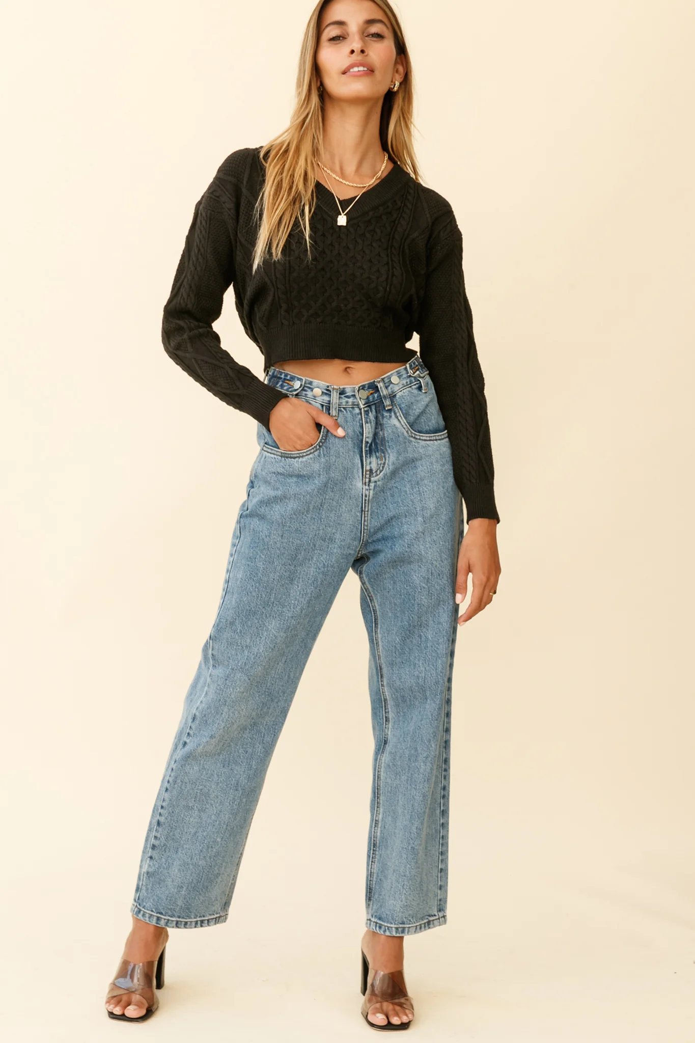 Dulce de Leche Long Sleeve Tie-Back Knit Sweater Black - Image 3