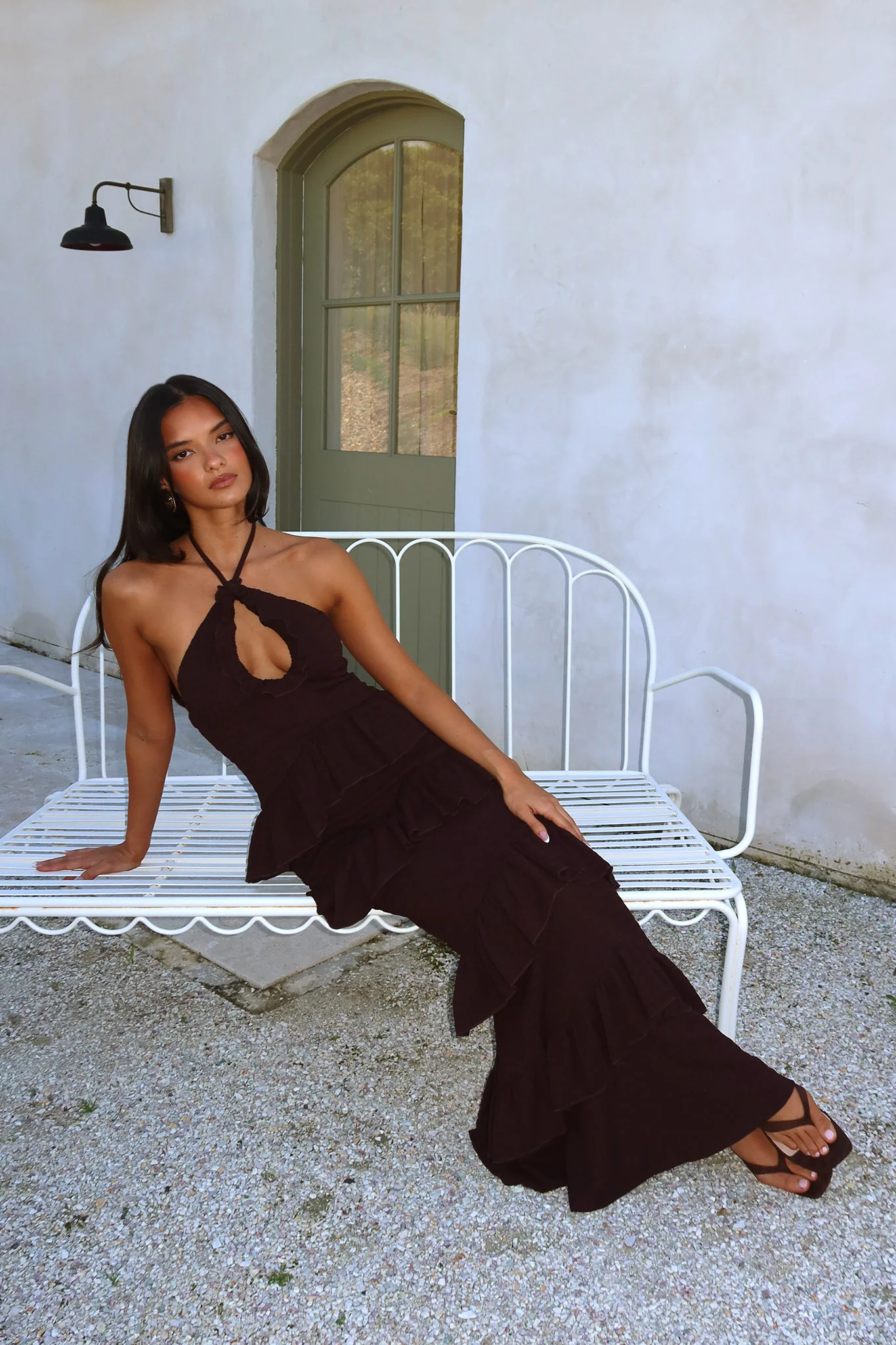 Dulce Dreams Halterneck Frill Maxi Dress Chocolate - Image 2