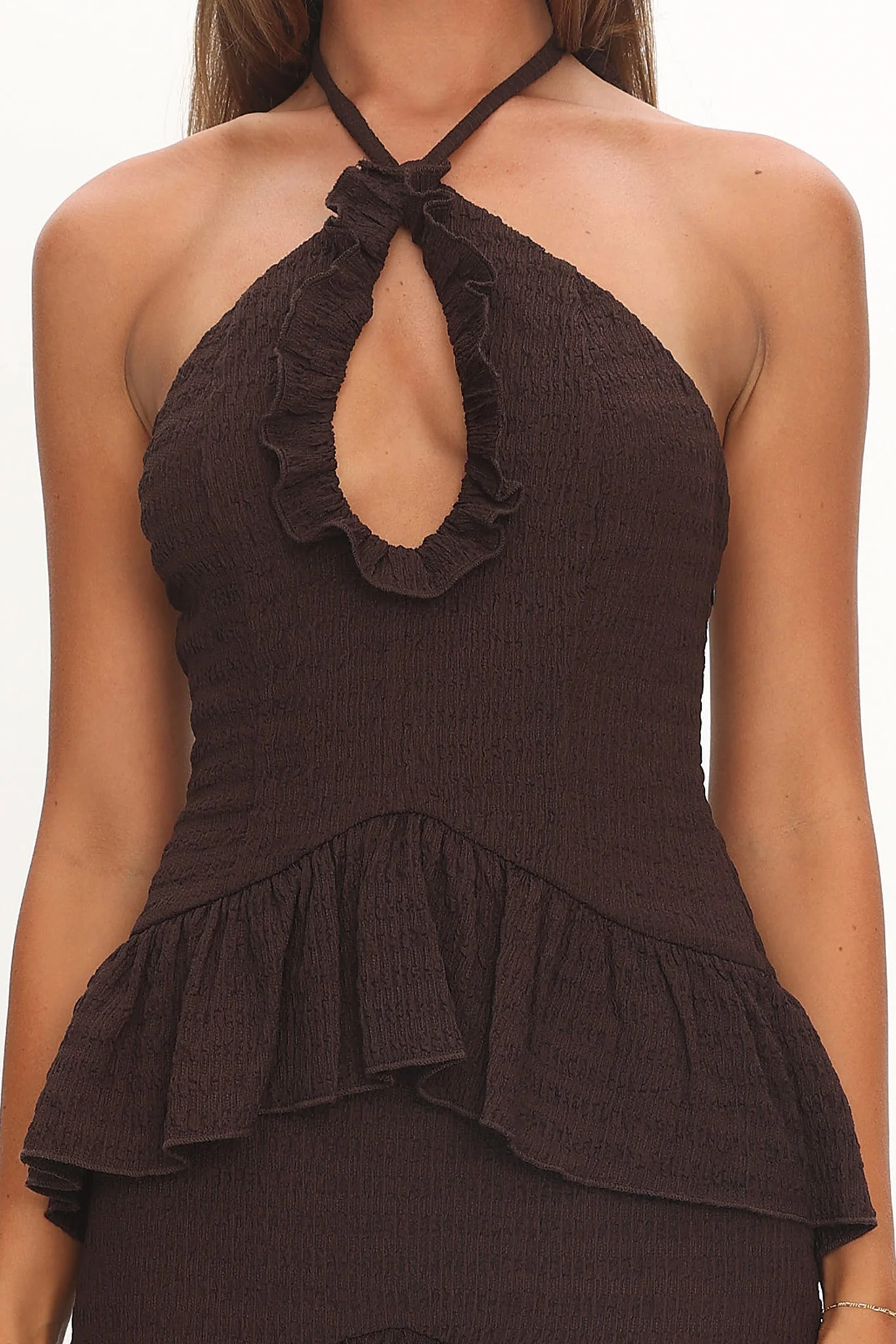 Dulce Dreams Halterneck Frill Maxi Dress Chocolate - Image 4