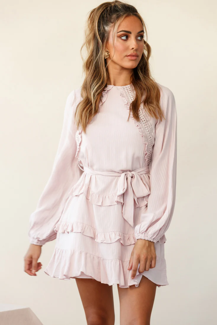 Dusk Long Sleeve Waist Tie Frill Dress Blush - Image 2