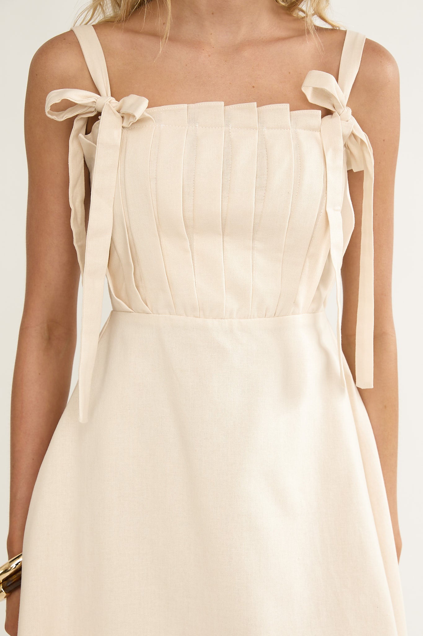 Dylana Pintuck Pleat Bodice Mini Dress Cream - Image 3
