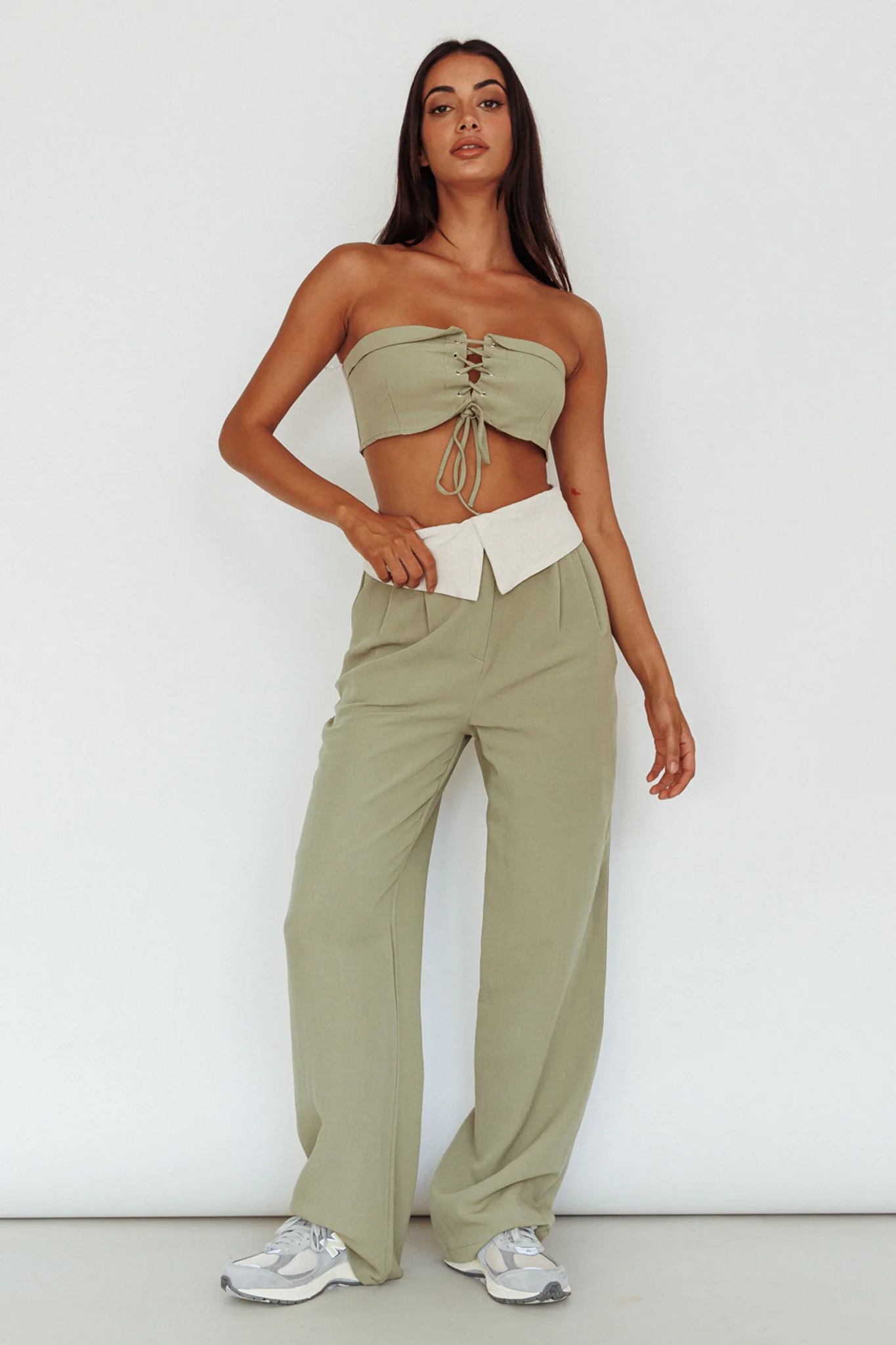 East Village Lace-Up Crop Top Sage - Image 3