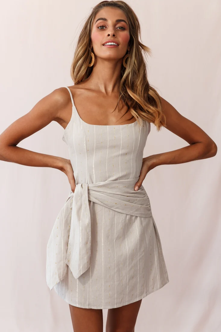 Echo Rounded Neckline Tied Sash Dress Pinstripe Stone - Image 6