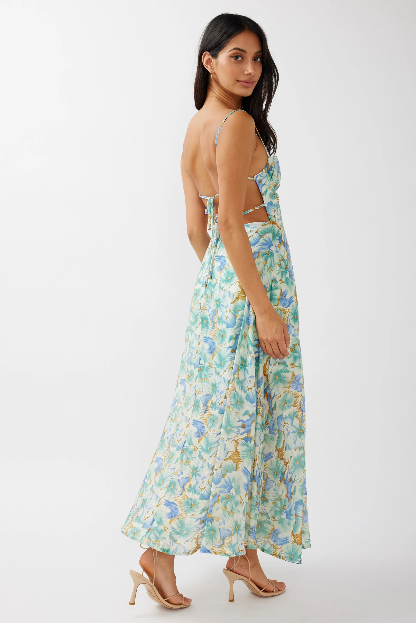 Echoes Tied Back A-Line Midi Dress Floral Green - Image 2
