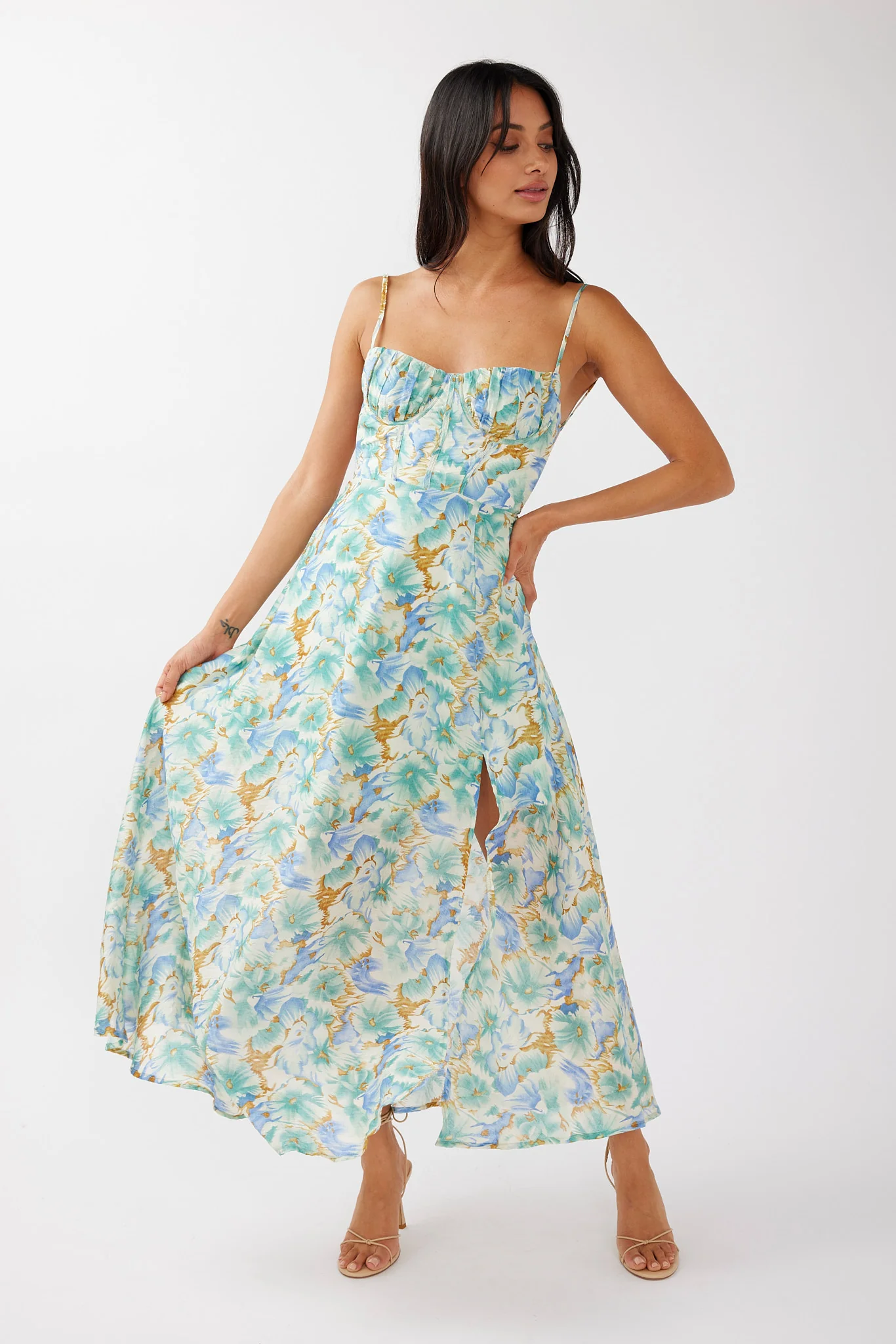 Echoes Tied Back A-Line Midi Dress Floral Green - Image 3