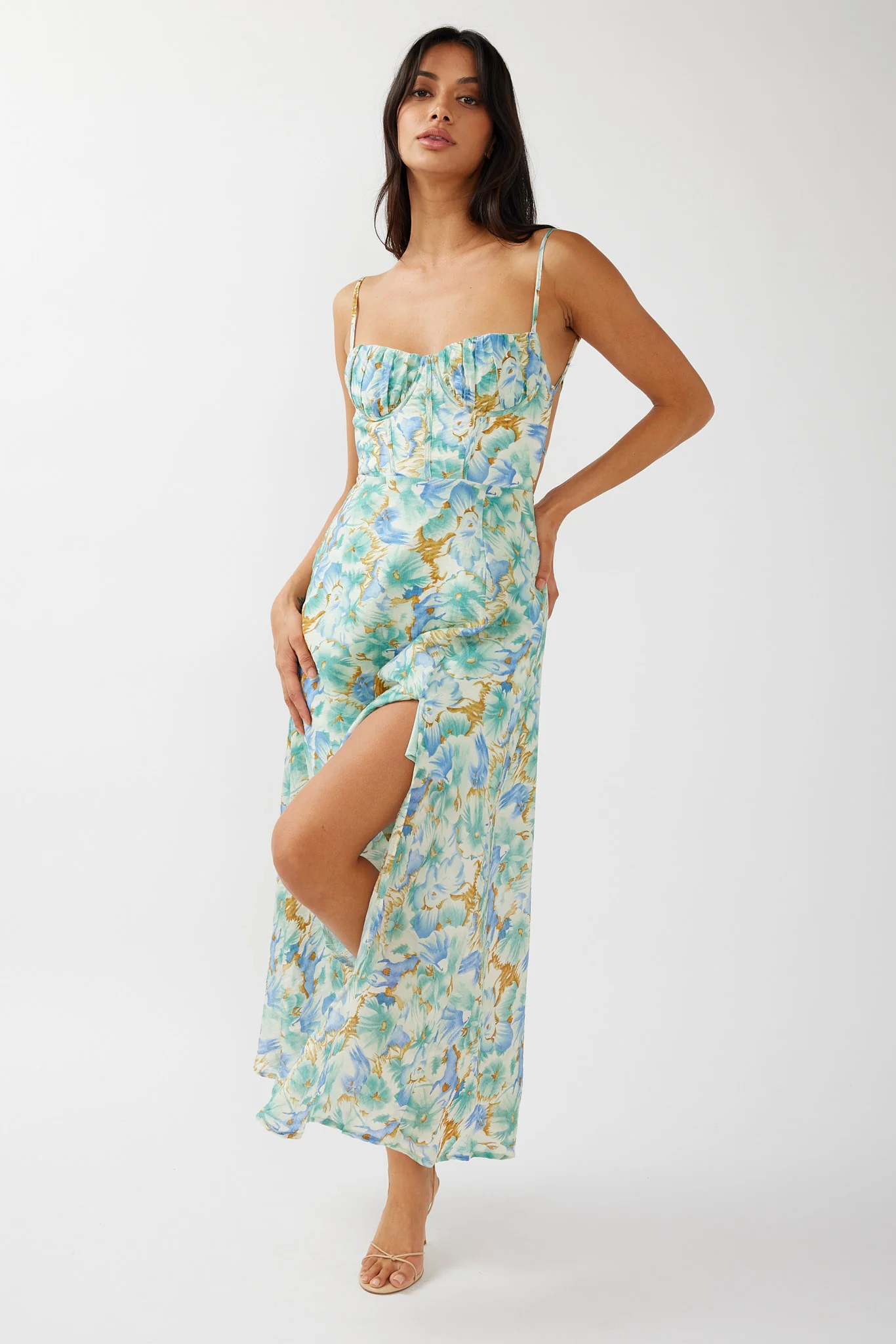 Echoes Tied Back A-Line Midi Dress Floral Green - Image 5